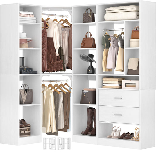Besiost Corner Closet System with 2 Sets, 63.2" Corner Closet Organizer System with 2 Drawers + 18 Shelves + 3 Hanging Rods, Reversible L Shaped Walk-in Closets, White (63.2" L x 39.2" W x 80" H)