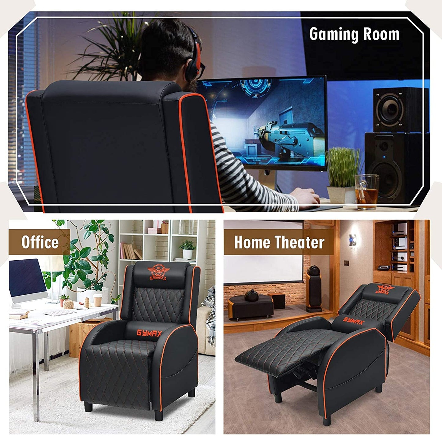 CHEFJOY Massage Gaming Recliner Chair, PU Ergonomic Single Sofa w/Headrest, Lumbar Support, Racing Style Reclining Home Theater Seating for Living Bedroom Gaming Room (Orange)
