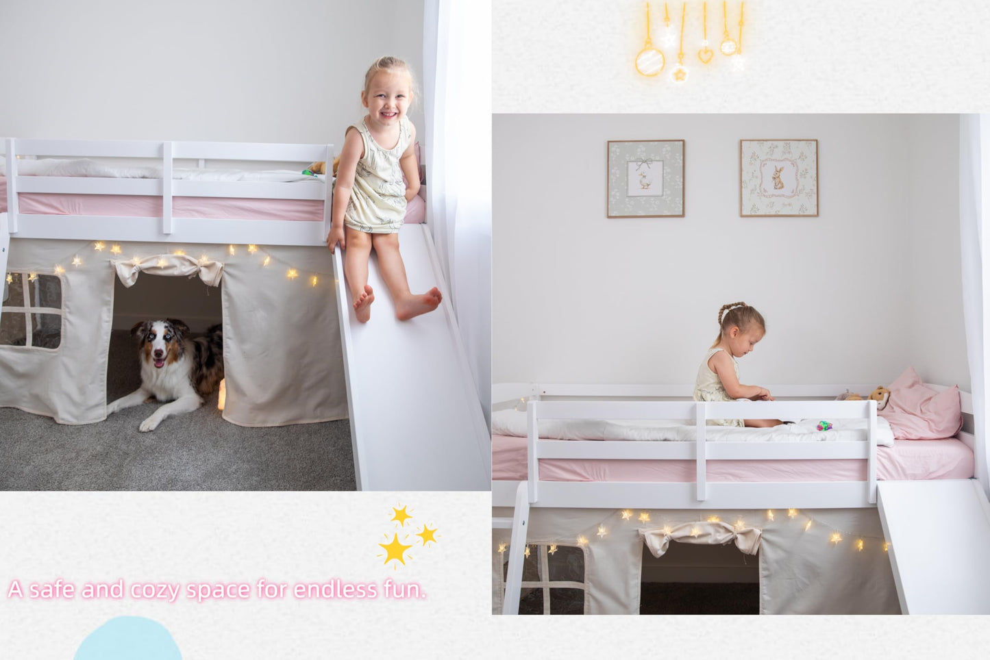 Spirich Kids Loft Bed with Slide and Ladder, Solid Wood Twin Loft Bed Frames with Curtains, Low Loft Bed with Bed Tent, No Box Spring Needed, White