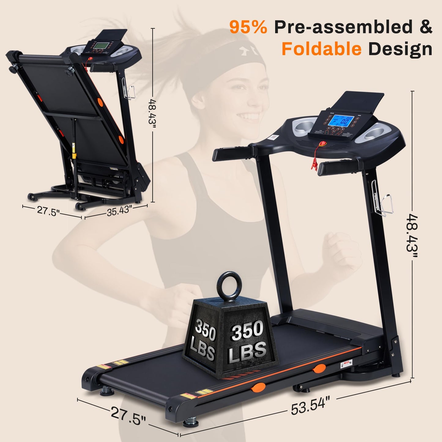 Treadmill for Home, 15-Level Auto Incline, 18" Wide Running Belt, 10 MPH