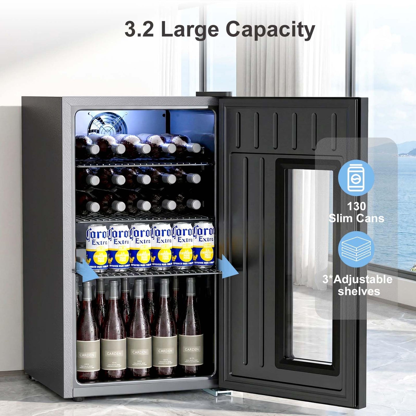 Antarctic Star Beverage Refrigerator Auto Defrost Mini Fridge, 130 Can with Glass Door &Adjustable Shelves, 21-50°F Temp Control,Beverage Cooler for Soda, Beer, Wine, Home Bar, Office, 3.2 Cu.Ft