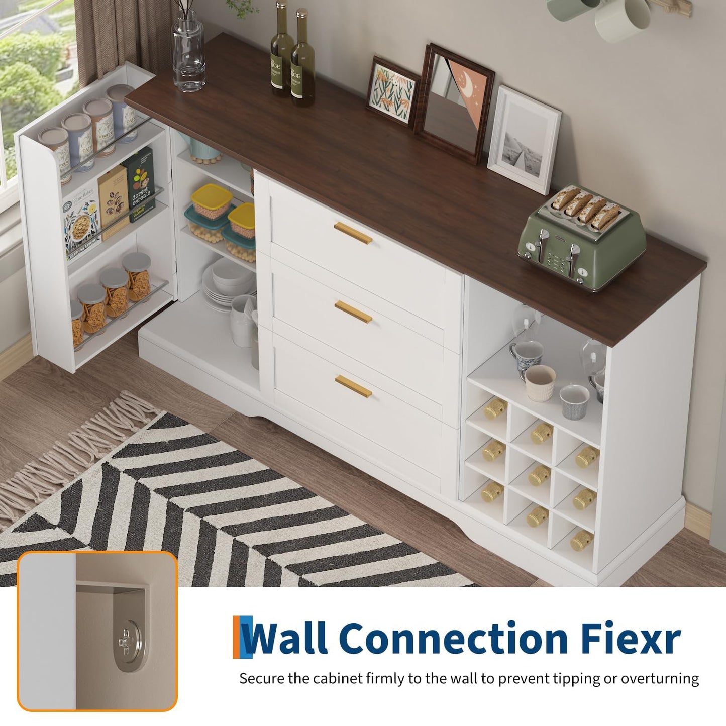 63 Inch Farmhouse Sideboard Buffet with Drawer Adjustable Shelves,Kitchen Island with Door-Back Rack for Snacks,Coffee Bar Buffet with Wine Racks Storage for Kitchen Entryway White and Walnut