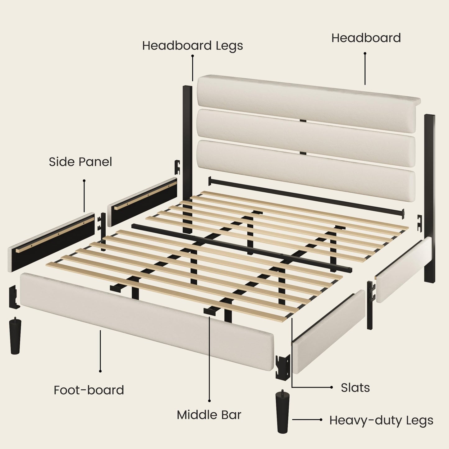 Fluest King Size Bed Frame, Platform Bed Frame with Velvet Upholstered Headboard, No Box Spring Needed, Sturdy Metal Support, Noise Free, Easy Assembly, Beige