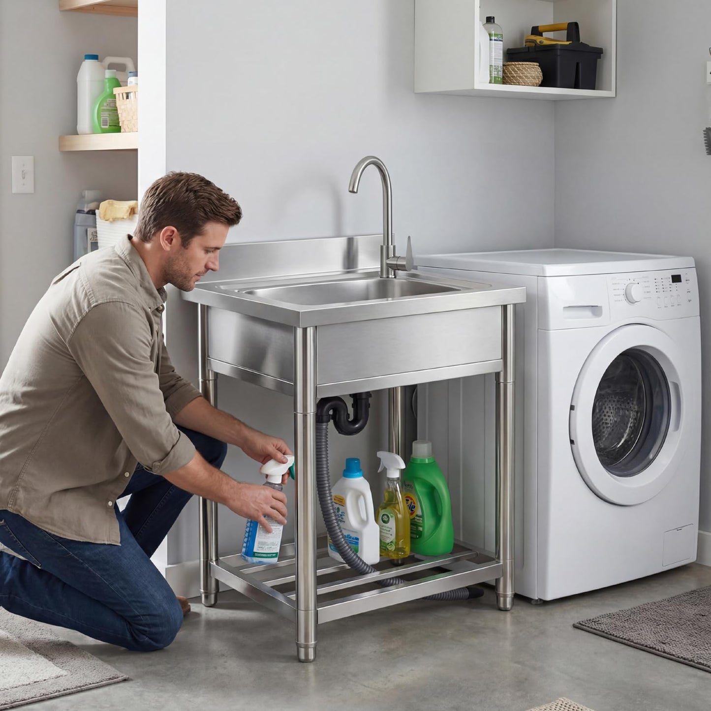 Free Standing Stainless-Steel Single Bowl Commercial Restaurant Kitchen Sink Set w/Faucet, Prep & Utility Washing Hand Basin w/Storage Shelve, laundry tub for Indoor Outdoor (22in)