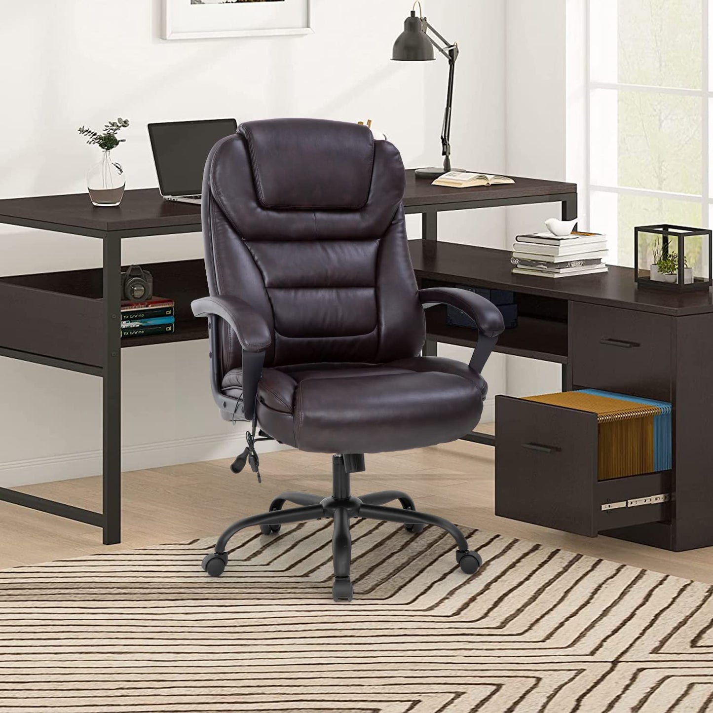 Office Chair Big and Tall 500lbs Ergonomic Computer Chair High Back PU Leather Wide Seat Desk Chair with Lumbar Support Arms Executive Task Chair for Hone Office,Brown