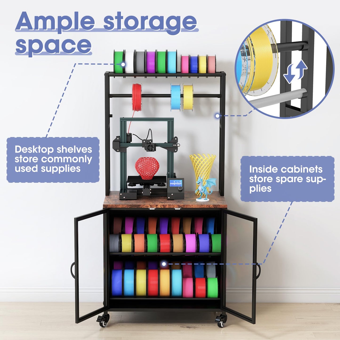 MASHELLY 3D Printer Stand with Filament Storage,3D Printing Filament Organizing Table, with Wheels and Storage Cabinet, Heavy-Duty 3D Printer Workbench for Studios and Offices, Black