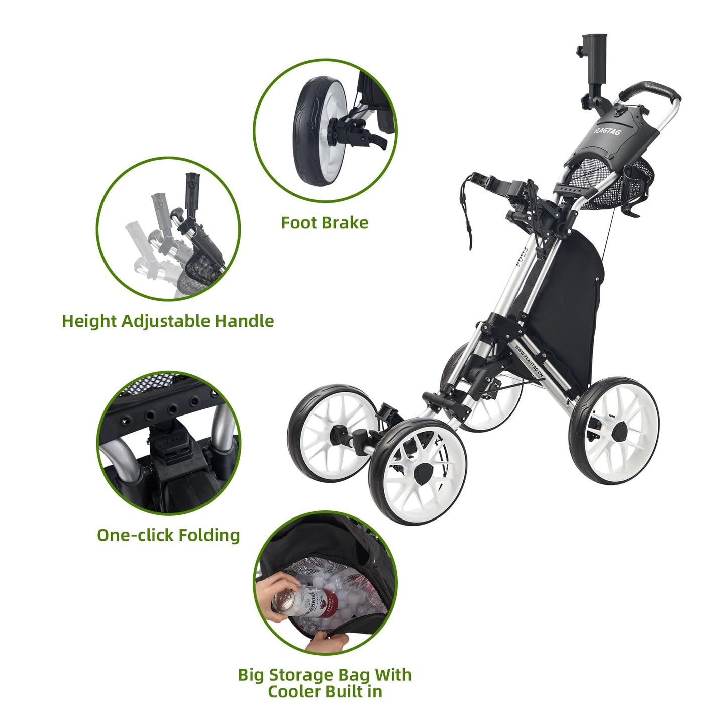 FLAGTAG Golf Push Cart 4-Wheels,Folding Golf Cart, Golf Pull cart with Cup Holder,Umbrella Holder,Cooler Bag, Foldable with one-Click,Handle Height Adjustable,Drink Holder,Walking Push cart