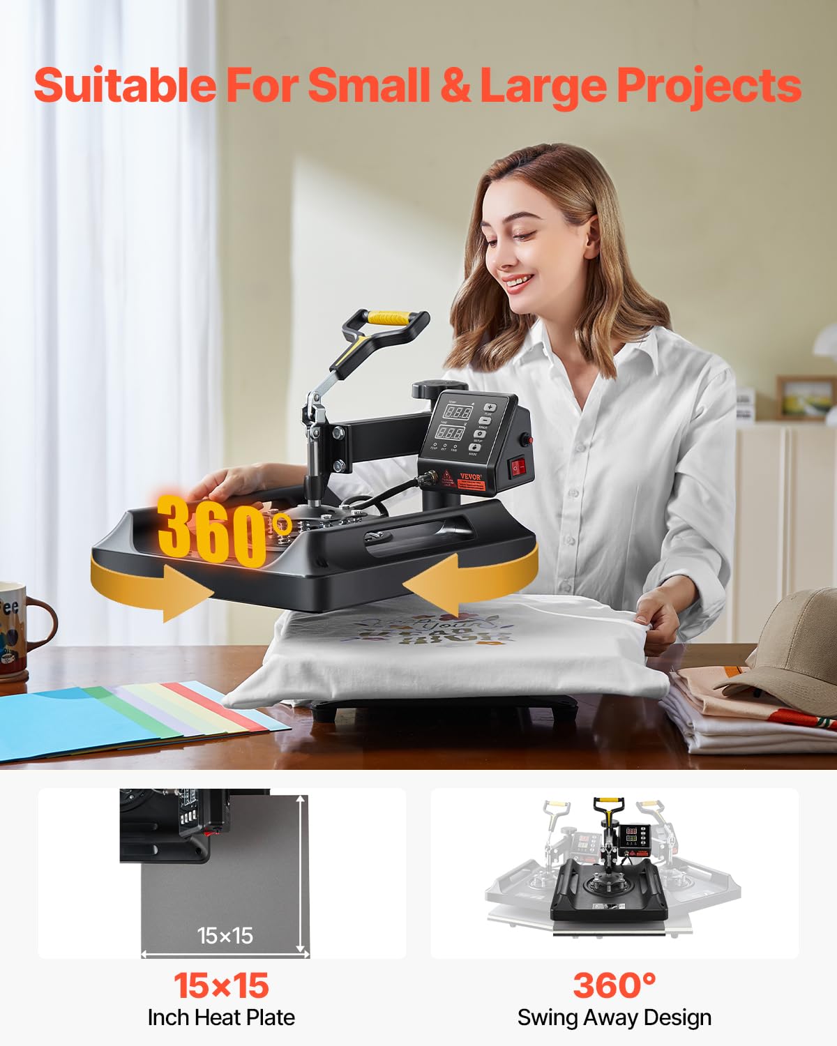 VEVOR 8 in 1 Heat Press Machine 15x15 Inch, 360° Swing Away Tshirt Press, Digital Professional Sublimation Heat Transfer for T Shirts Hat Cap Mug Plate
