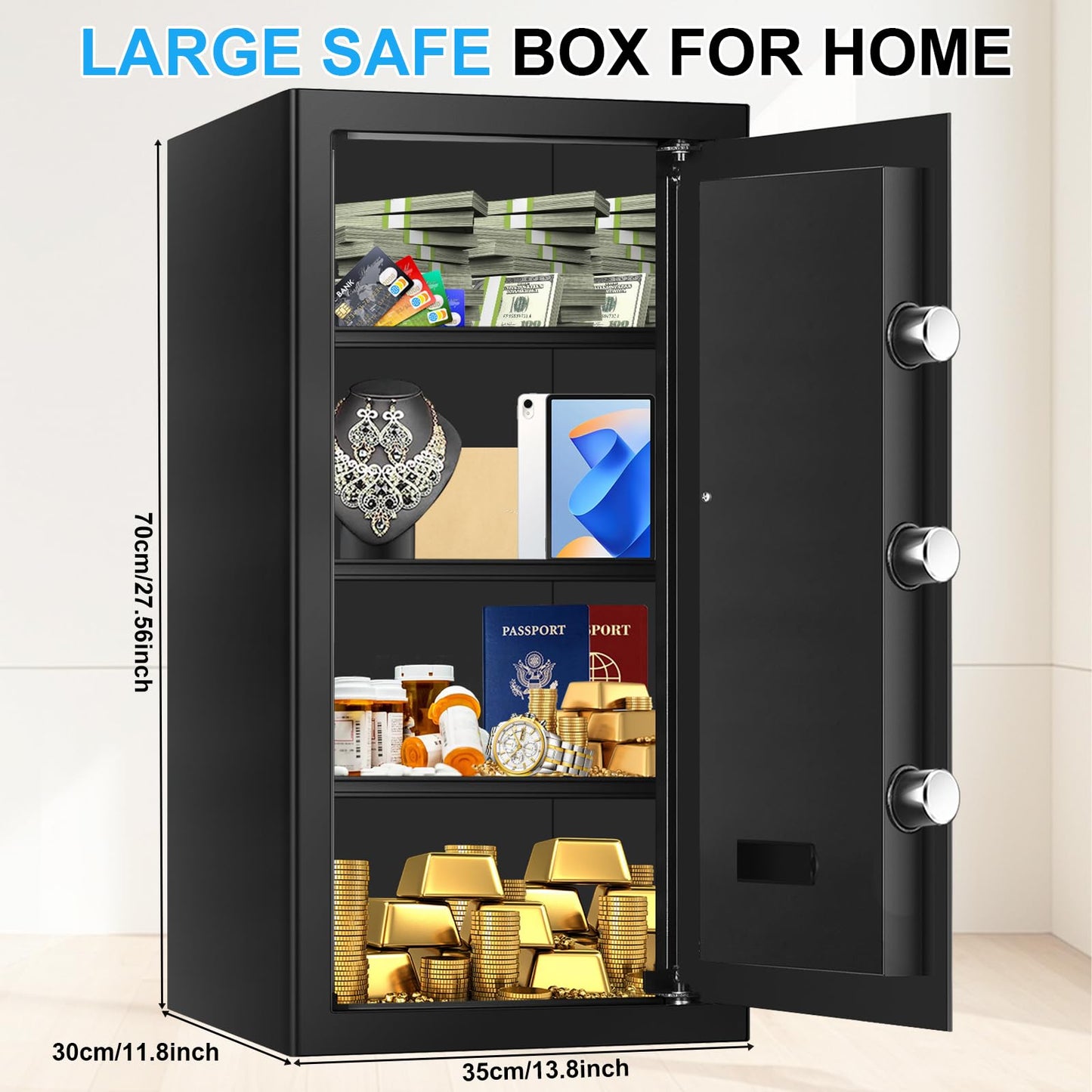 6.1 Cuft Extra Large Fire Safes for Home, Digital Fireproof Safe with Programmable Keypad, Spare Keys and 3 Removable Shelves, Anti-Theft Security Waterproof Document Safe Box for Money Valuables