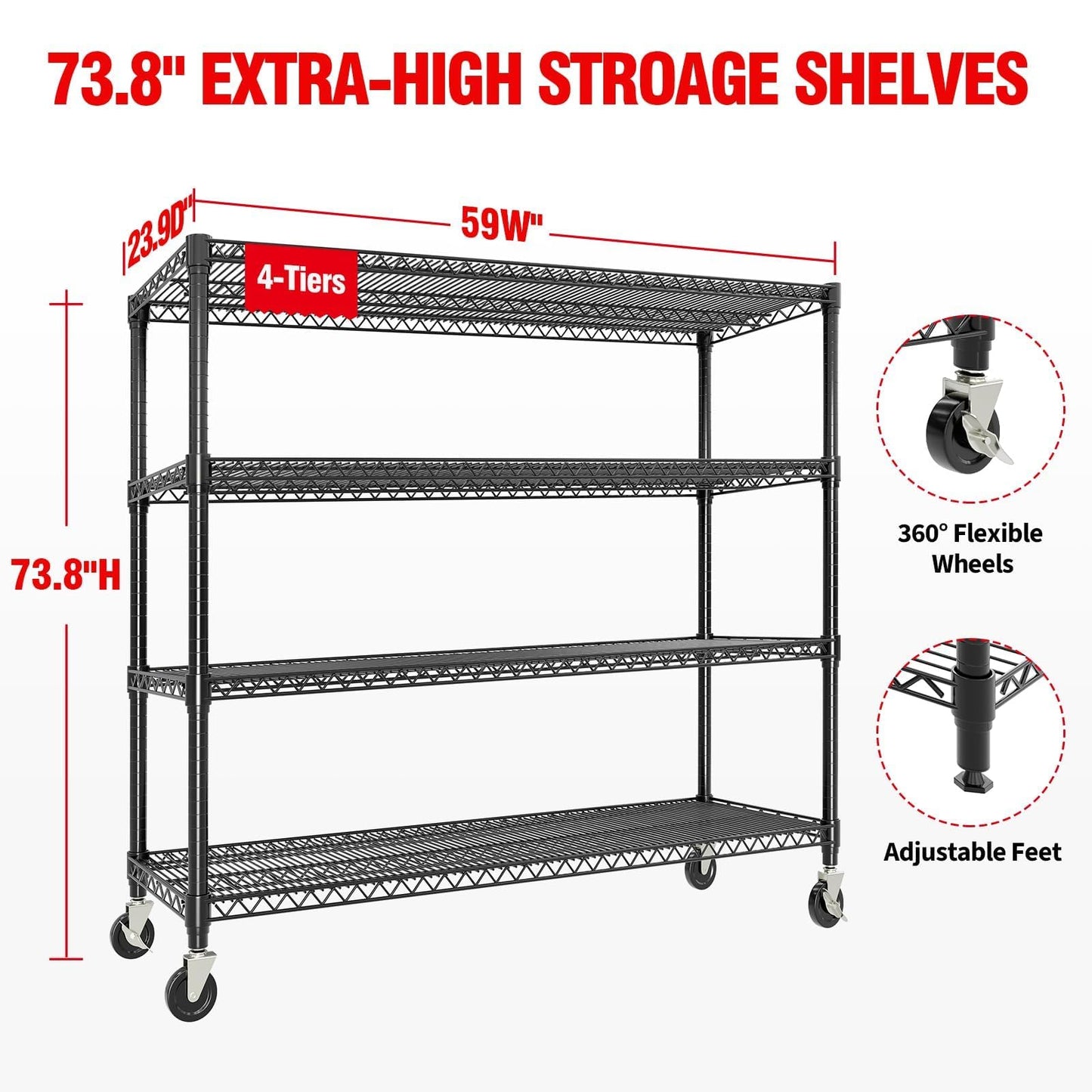 PeakPursuit 74" Heavy-Duty Metal Garage Shelving with Wheels, 4-Tier
