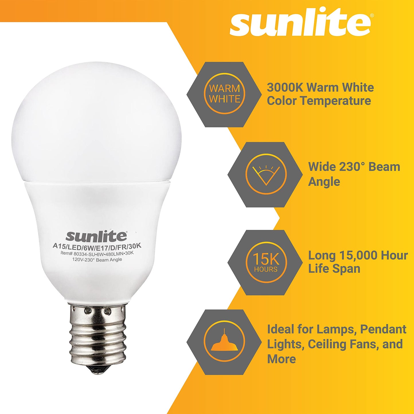 Sunlite A15 E17 LED Bulb, 6W (40W Equivalent), 480 Lumens, Dimmable, 6 Pack, Frosted Finish, 2700K Soft White