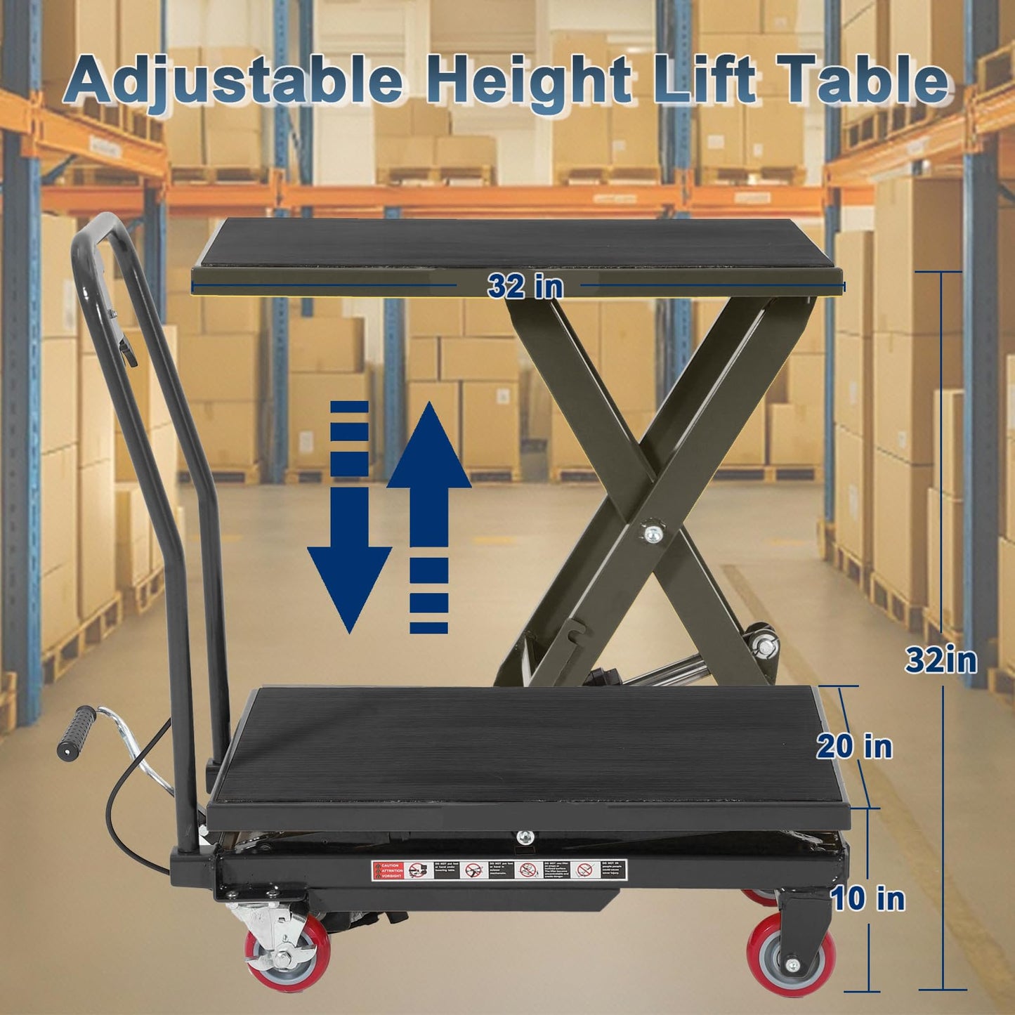 Hydraulic Lift Table Cart, 1100 LB Capacity, 10-32 in Lifting Range, Manual Single Scissor Lifting Cart with Non Slip Pad & Wheels, Heavy Duty Lift Table for Transportation, Black