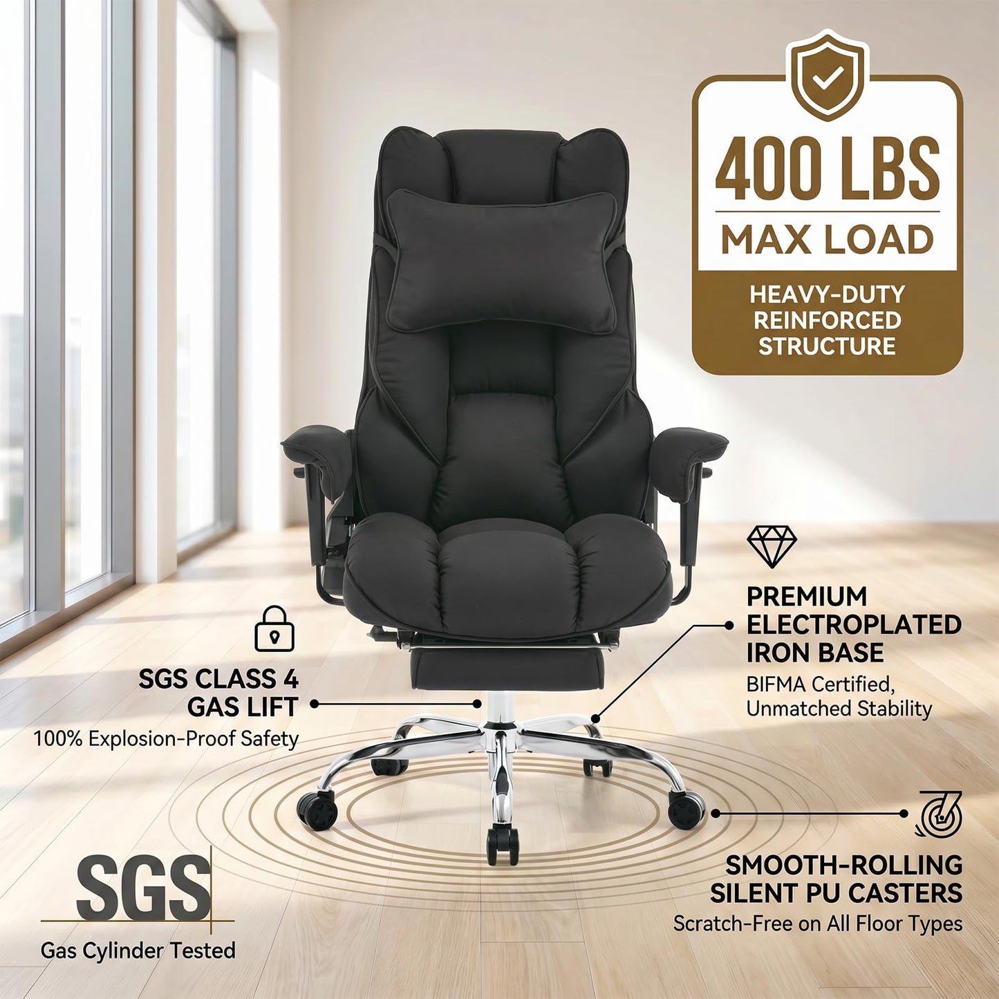 mokodo Big and Tall Office Chair 400lbs, Breathable Fabric Executive Desk Chair with Pocket Spring Cushion, 155° Reclining Computer Chair with Integrated Headrest & Lumbar Pillow (Black)