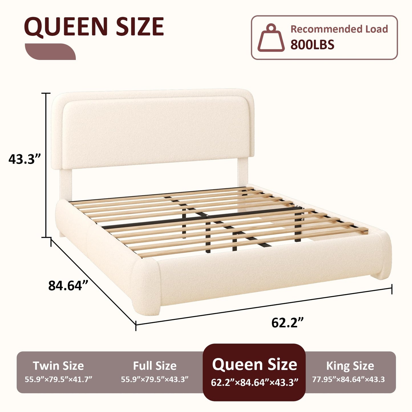 Vcooved Queen Boucle Platform Bed Frame with Height Adjustable Headboard, Modern Upholstered Cloud Bed, Sleek Curved Design, No Box Spring Needed, Noise Free, Easy Assembly, Beige