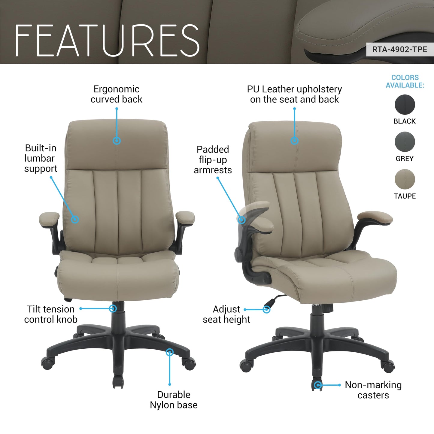 Ergonomic Faux Leather Office Chair, High Back Padded Executive Desk Chair with Flip-Up Armrests, Adjustable Height, Tilt Control, and Smooth-Rolling Wheels for Home and Office Desk, Taupe