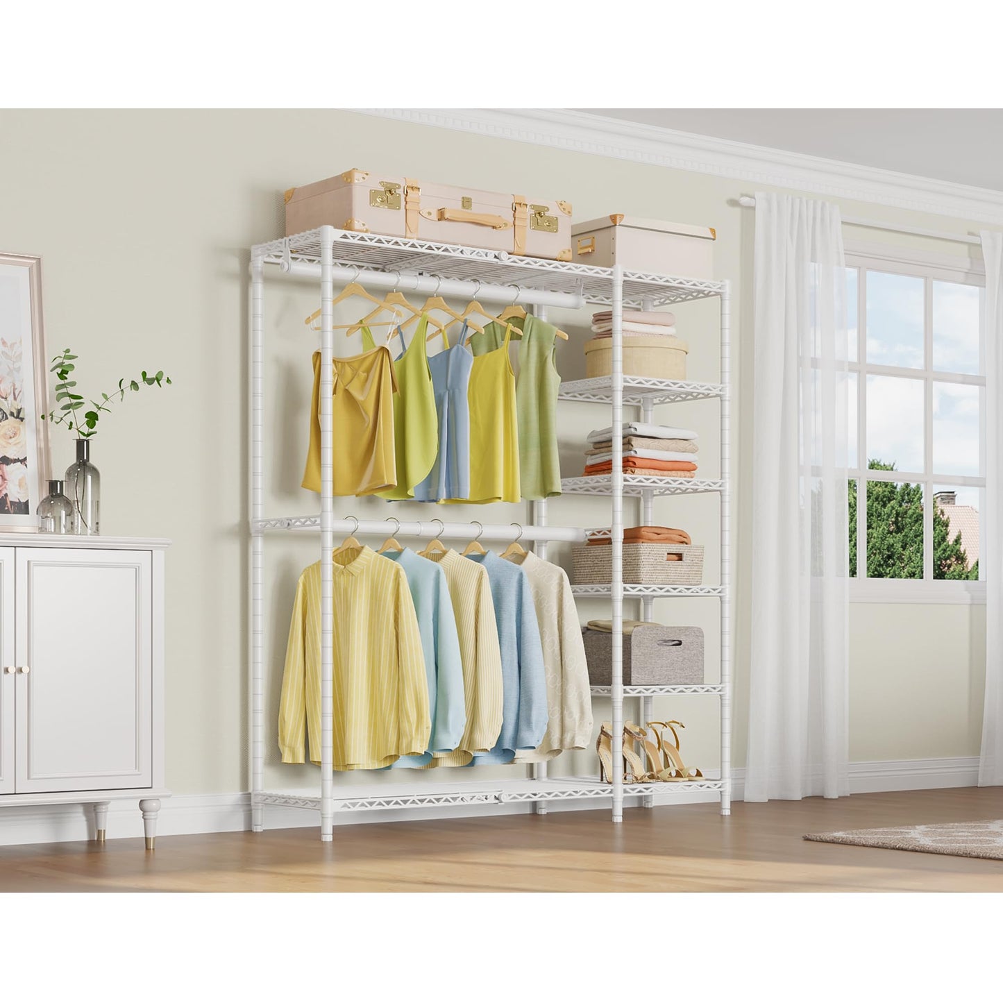 VIPEK X2 Expandable Reach-in Closet Racks Adjustable from 3'3" to 4'8" Portable Open Walk-in Closet Rack System with Flexible Shelves and Hanger Rods Clothing Rack for Hanging Clothes, White