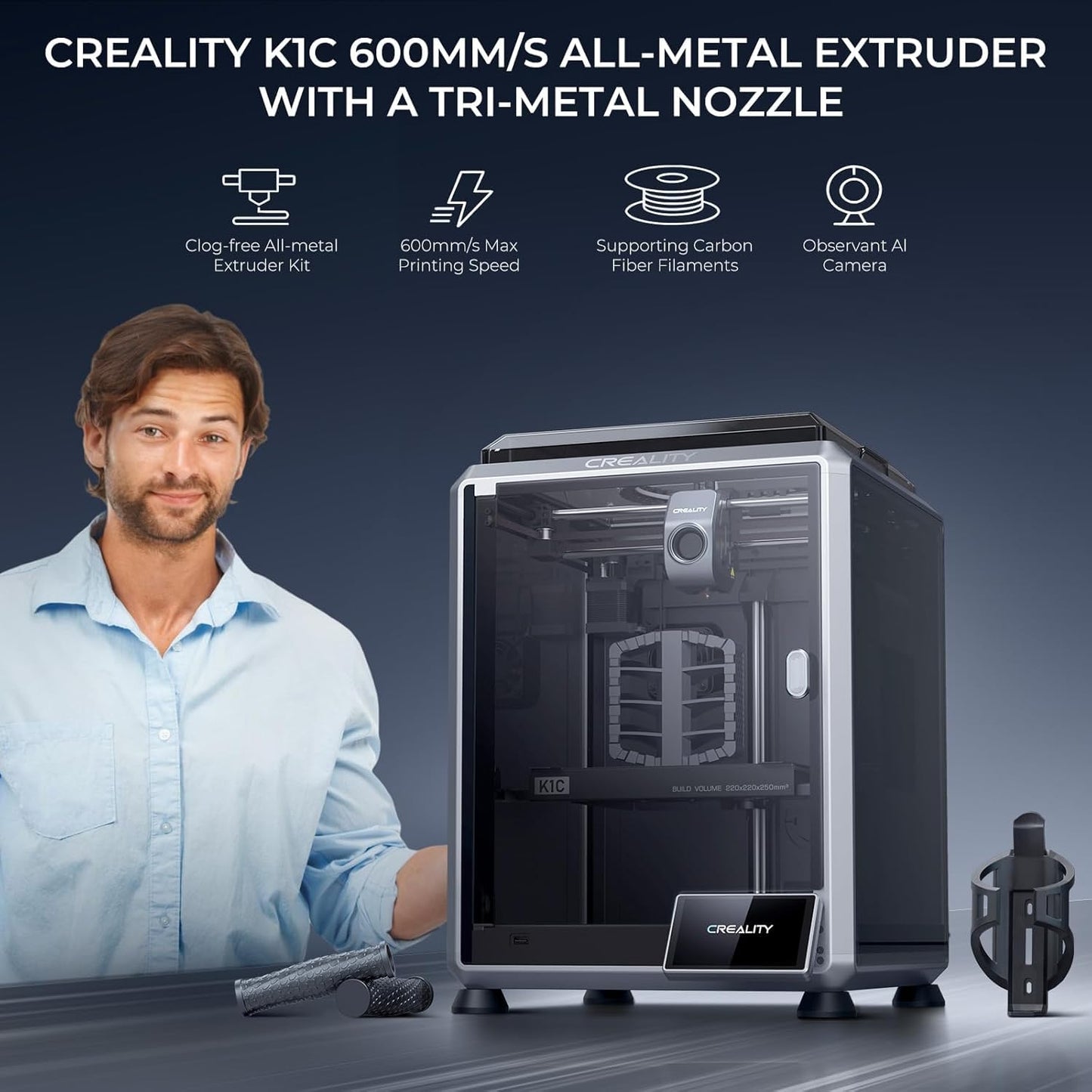 Creality K1C 3D Printer, 2024 New Version 3D Printers with 600mm/s Fast Printing Speed and Clog-Free Direct Extruder, Support 300℃ Printing and Carbon Fiber Filaments, Auto Leveling and AI Camera