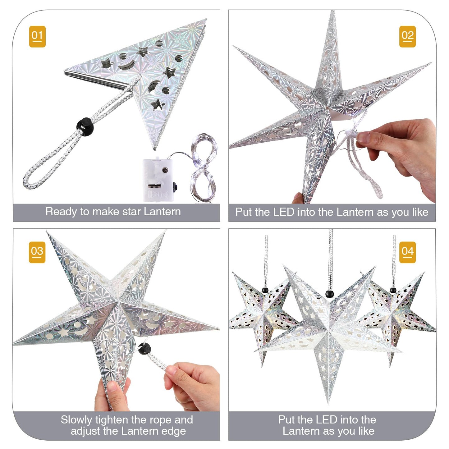 Zhanmai 10 Pcs Christmas Paper Star Lantern Lampshade 3D Hanging Lights with 20 LED, Silver
