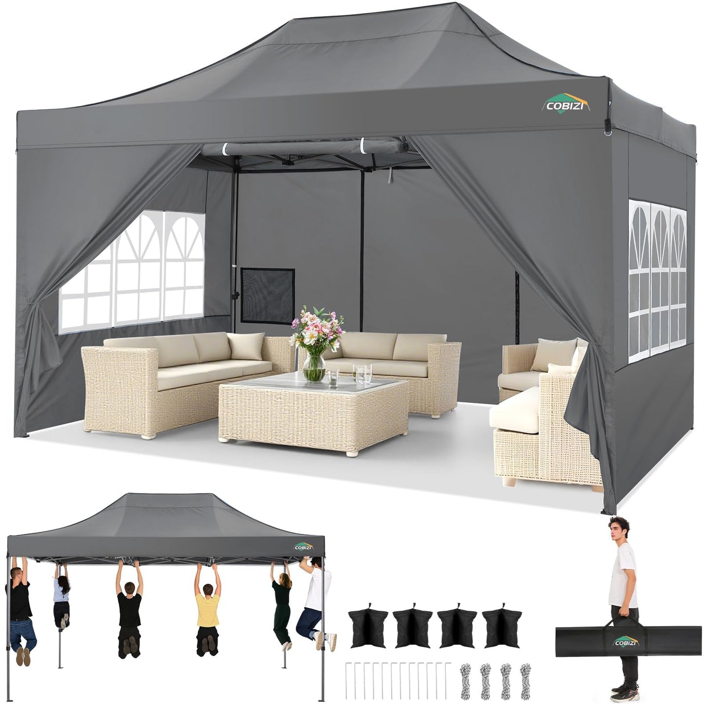 COBIZI 10x15 Pop up Canopy Tent Heavy Duty, Easy Set-up Commercial Outdoor Party Tent, 100% Waterproof Wedding Tents Gazebo, 3 Height Adjustable with Handbag, Gray