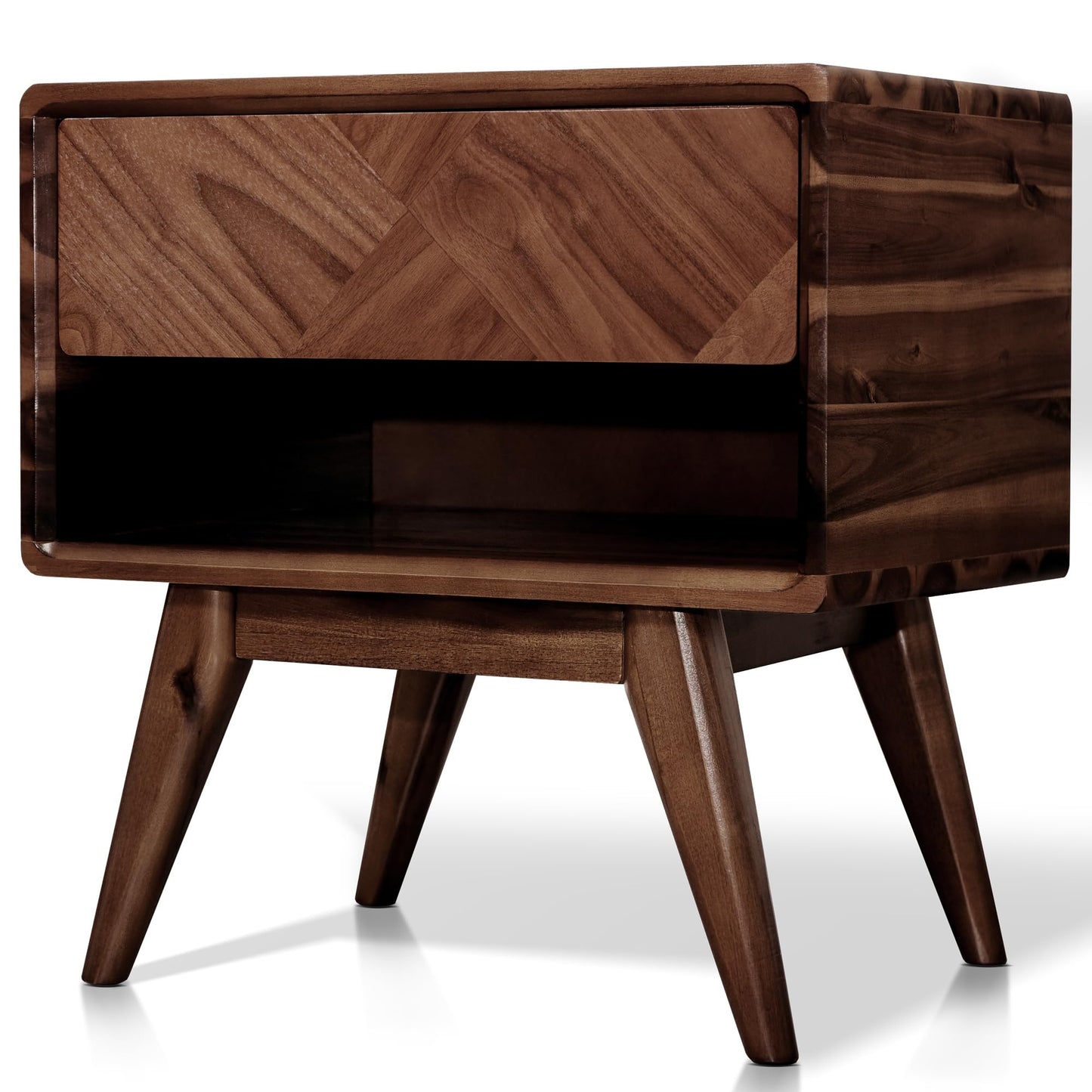 RORNS Laden Solid Acacia Wood Nightstand with Storage Drawer, Mid-Century Modern Art Deco Design, End Table for Bedroom & Living Room, Scratch & Water-Resistant, Easy Assembly, Walnut