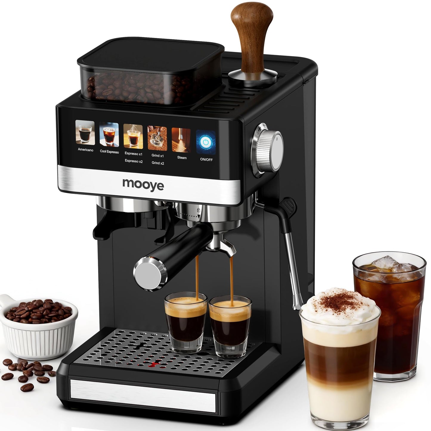 Mooye Espresso Machine with Grinder,20Bar Compact Espresso Maker with Steam Milk Frother,Coffee Maker for Home - Cappuccino Latte & Cold Brew Iced Coffee Maker & Americano, Gift for Women or Men