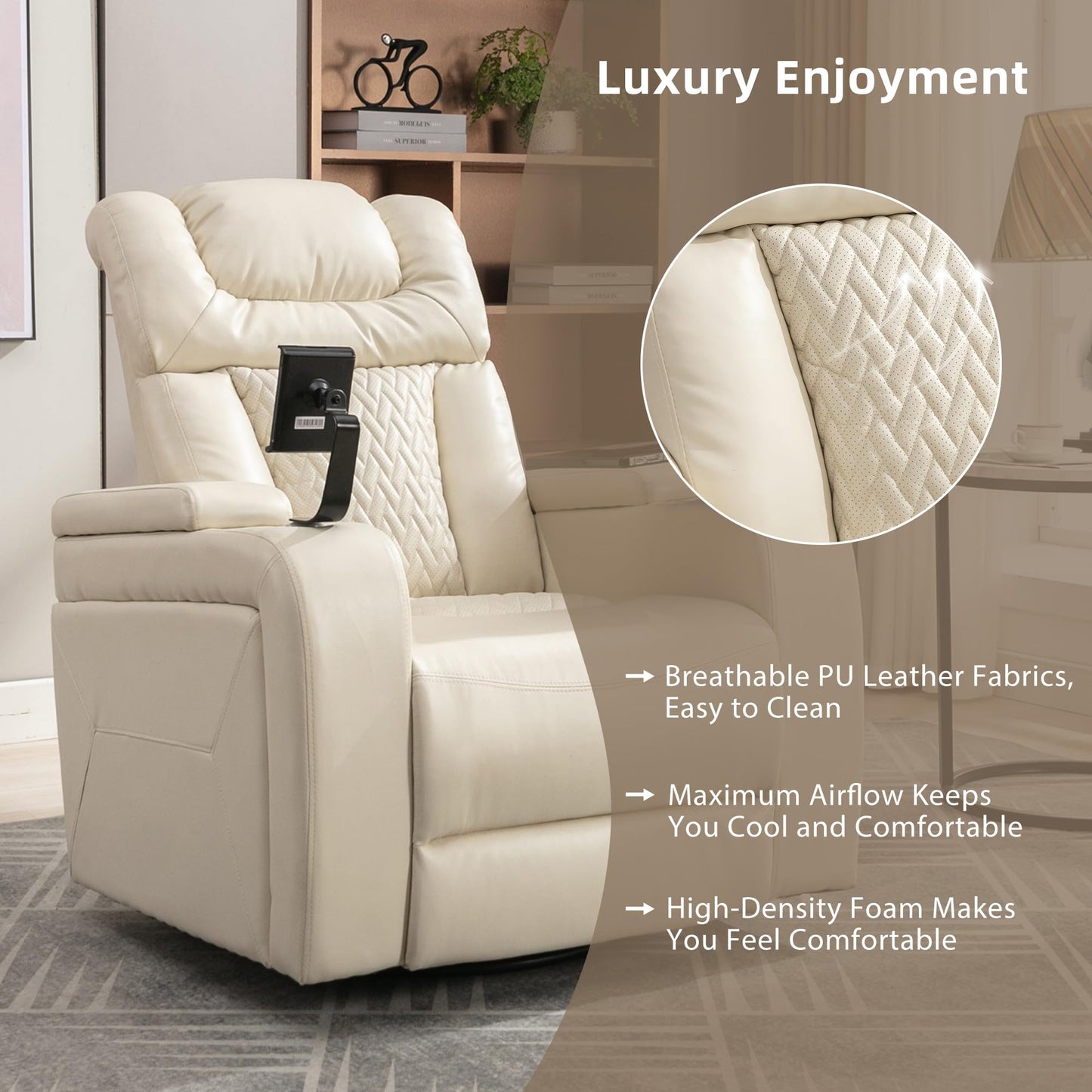 Ball & Cast Power Recliner Chair,270 Degree Swivel PU Leather Home Theater Seating for Living Room,Soft Individual Chair with Tray Table, Phone Holder,Cup Holder,USB Port,Hidden Arm Storage,White