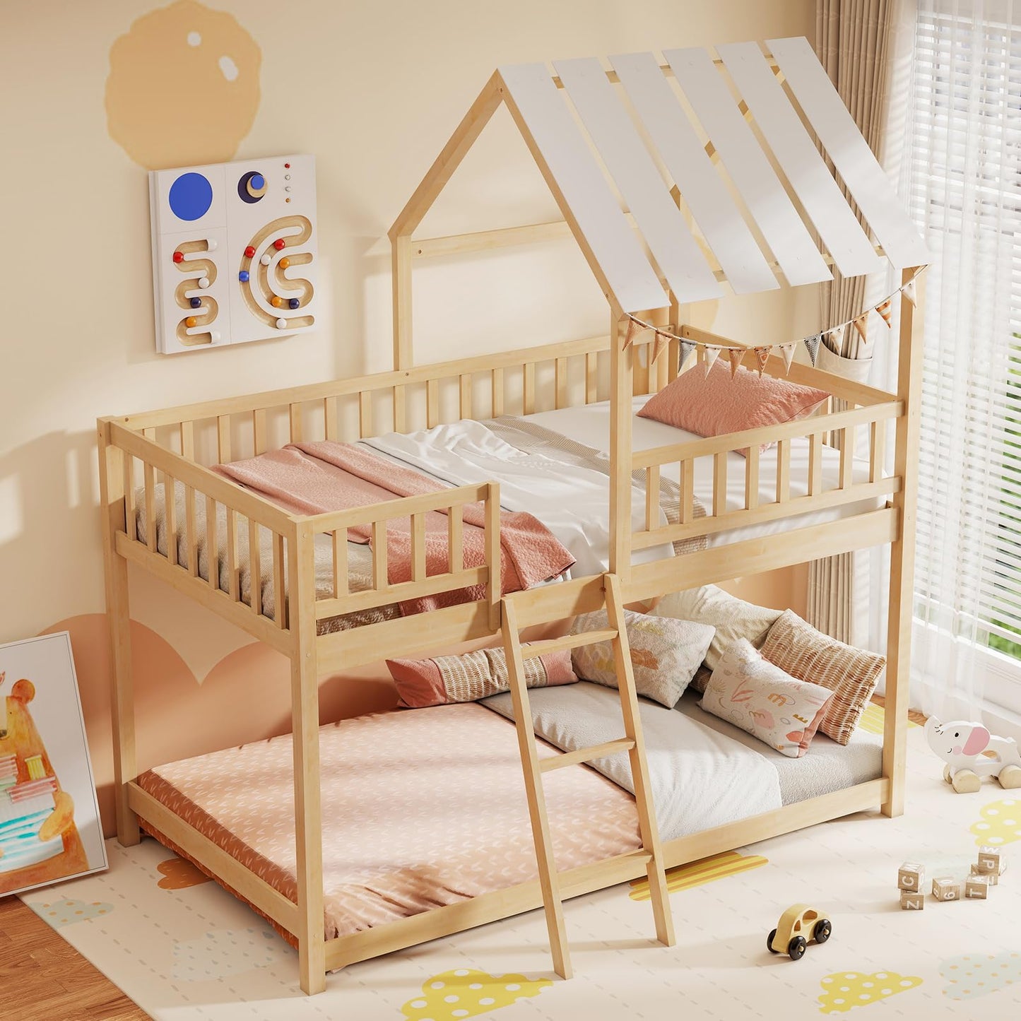 Giantex Twin Over Twin House Bunk Bed, Low Loft Bed Frame with Roof, Wood Bunk Bed with Ladder & Full-Length Guardrails, Twin Floor Bed for Kids Teens Boys Girls, No Box Spring Needed (Natural)