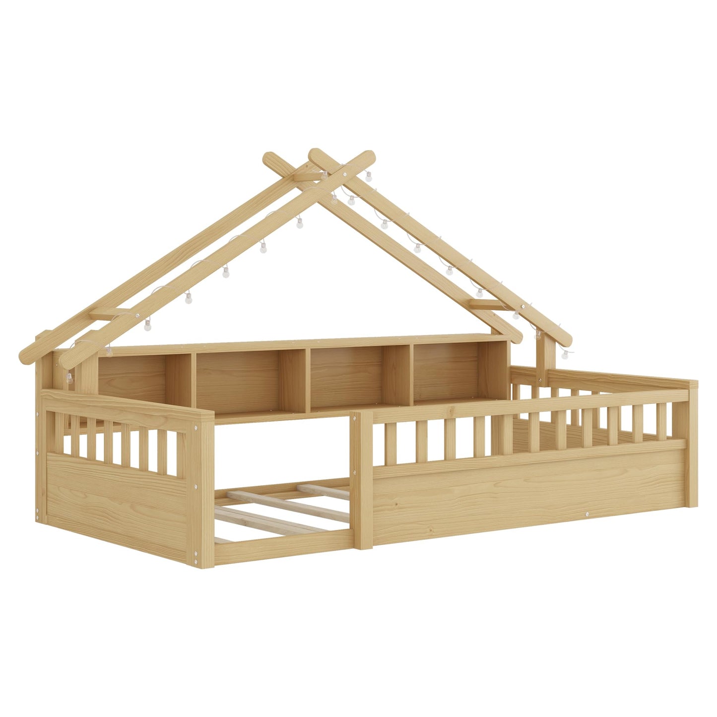 KEIKI Twin House Shaped Floor Bed with Storage, Kids Montessori Platform Bed Frame with Light & Tall Rails, Solid Beds Frames for Boys Girls Bedroom, No Box Spring Needed, Easy Assembly, Natural