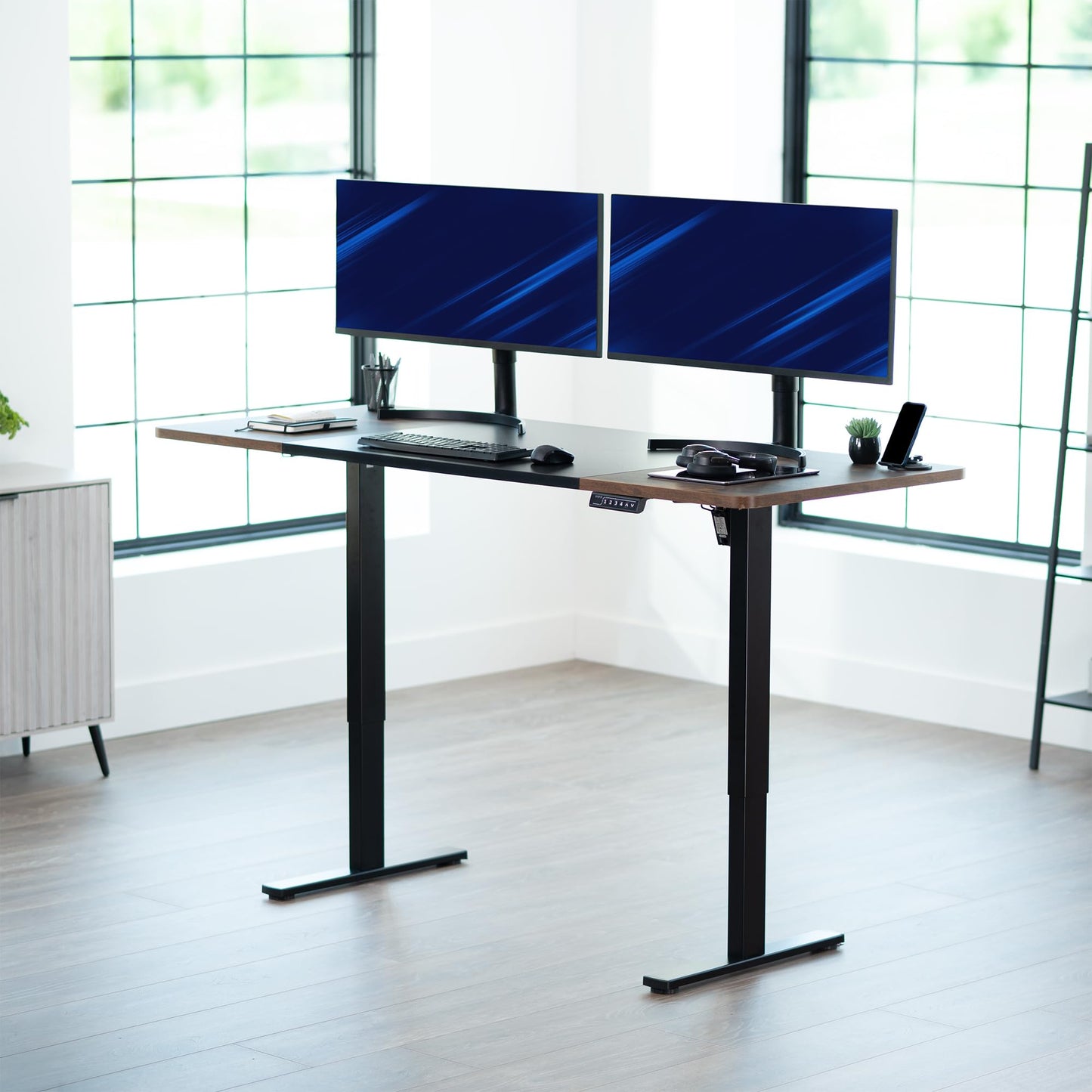VIVO Electric 71 x 30 in Rustic Standing Desk, Memory Height Adjustment, 1B Series, Holds 220 lbs, Black and Vintage Brown Top, Black Frame, DESK-KIT-1B7BN
