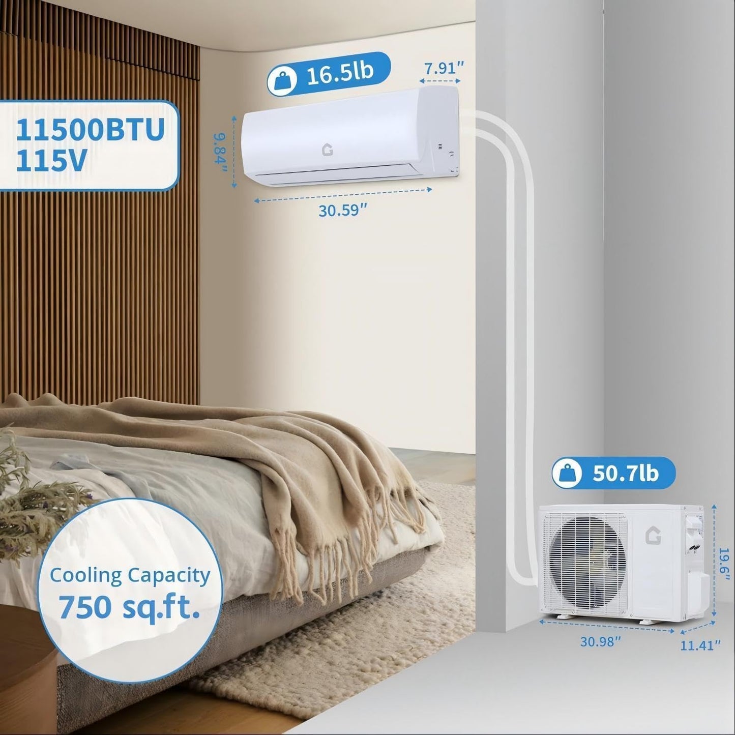 11,500 BTU Mini Split Air Conditioners, Heating & Cooling System, 115V, 17 SEER2, Ductless Inverter AC Unit with WiFi, Remote & App Control, Cools Rooms Up to 750 Sq.Ft, Indoor & Outdoor Units