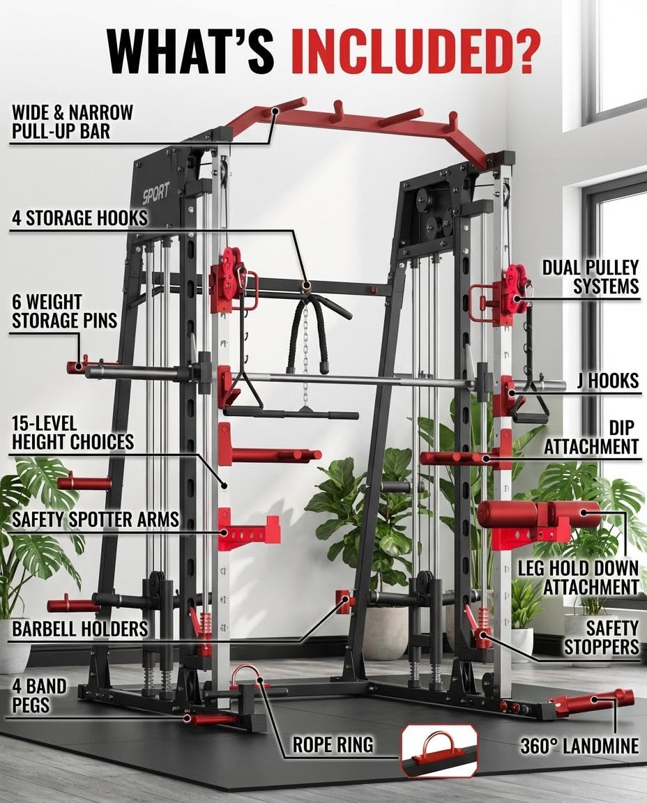Smith Machine Home Gym All-in-1, 2200LBS Power Cage with Dual Cable Pulley Systems, LAT Pull-Down & Leg Hold-Down | Complete Strength Training Equipment for Full Body Workouts