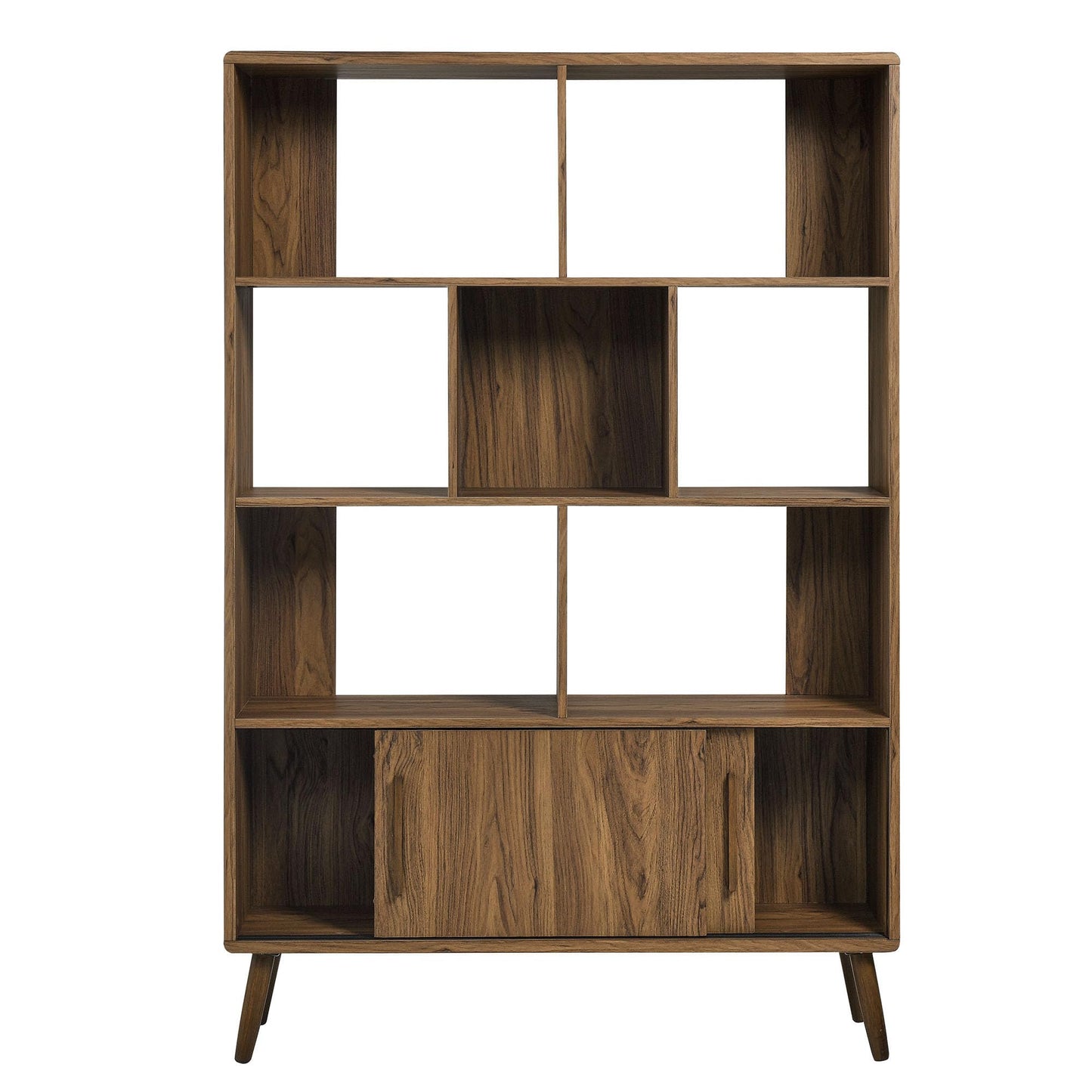 Modway Transmit 8 Shelf Bookcase with Sliding Doors in Walnut - 45 Inch Wood Mid-Century Modern Bookshelf - 4 Tier Tall Open Display Storage Cabinet for Living Room, Office, Hallway