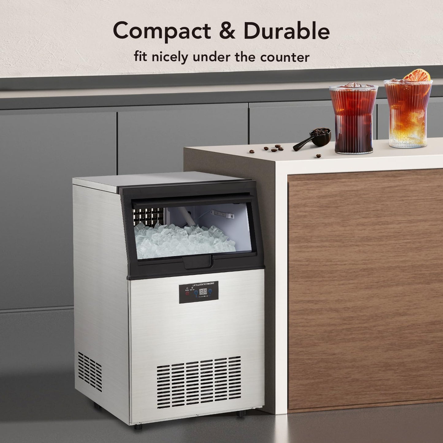 Garveehome Commercial Ice Maker Machine Stainless Steel Under Counter Ice Machine with Ice Storage Capacity, Ice Cube Adjustment, Freestanding Ice Maker, 90 LBS/24H, (5 * 8 Ice Cube)