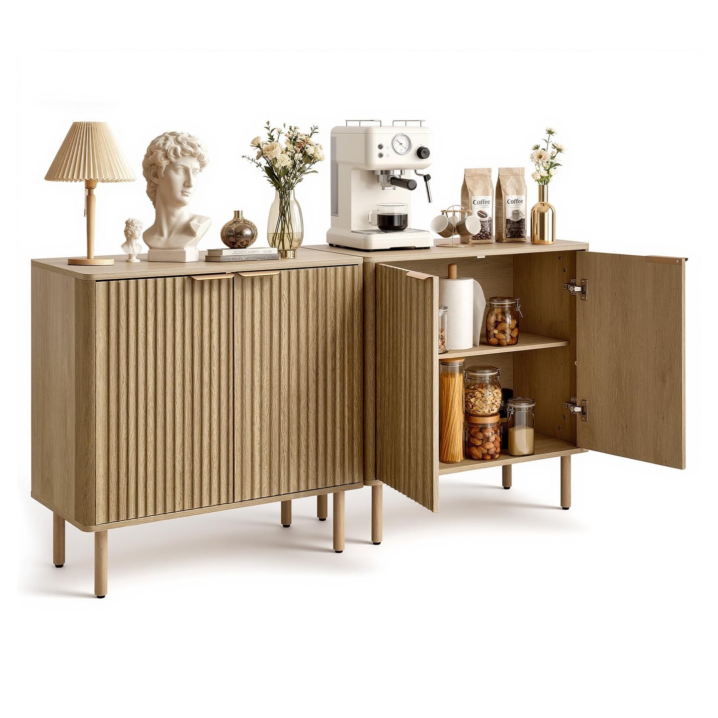 VEVOR Buffet Cabinet, Sideboard Cabinet with 2-Tier Storage, Coffee Bar Cabinet with Adjustable Shelves, Fluted Sideboard Buffet for Hallway, Entryway, Living Room, or Kitchen, Oak(2pcs)