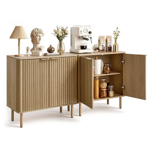 VEVOR Buffet Cabinet, Sideboard Cabinet with 2-Tier Storage, Coffee Bar Cabinet with Adjustable Shelves, Fluted Sideboard Buffet for Hallway, Entryway, Living Room, or Kitchen, Oak(2pcs)