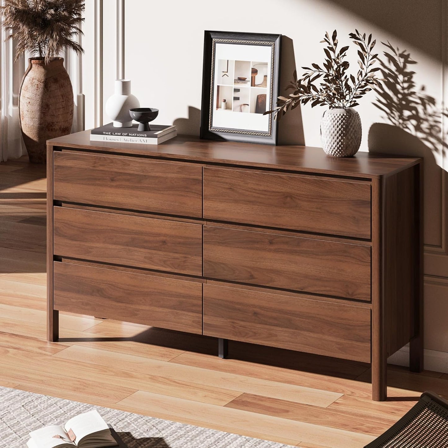 MAISONARIA Walnut Dresser for Bedroom, 55.1" Wide Dresser with 6 Drawers and Hidden Handles, Modern Wood Chest of Drawers for Clothes and Accessories, Stylish Storage Cabinet for Living Room, Entryway