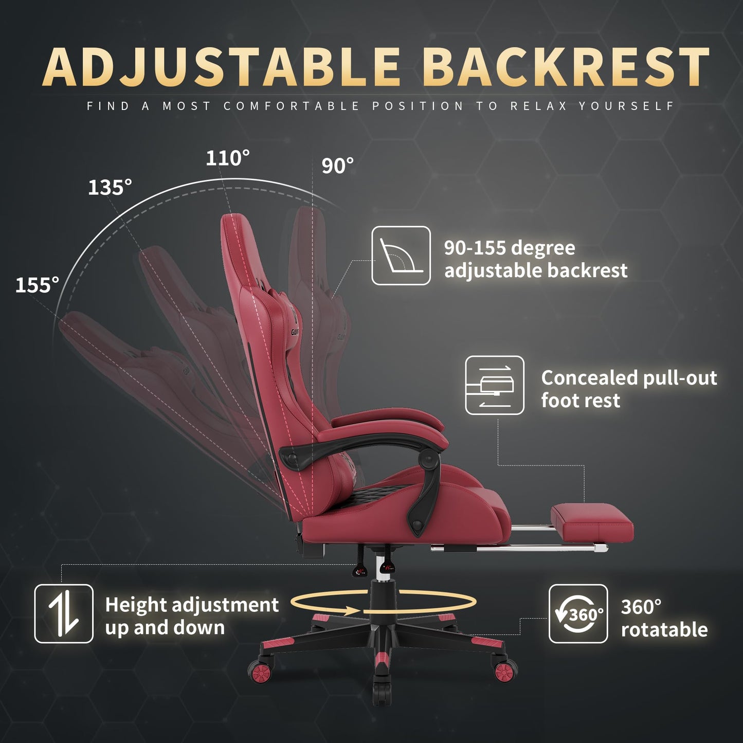 Gaming Chair,Computer Chair with Footrest and Lumbar Support,Breathable PU Leather,4D Lumbar Support and Headrest,360 Degree Swivel Chair with Adjustable Ergonomic Backrest for Adults(RED)