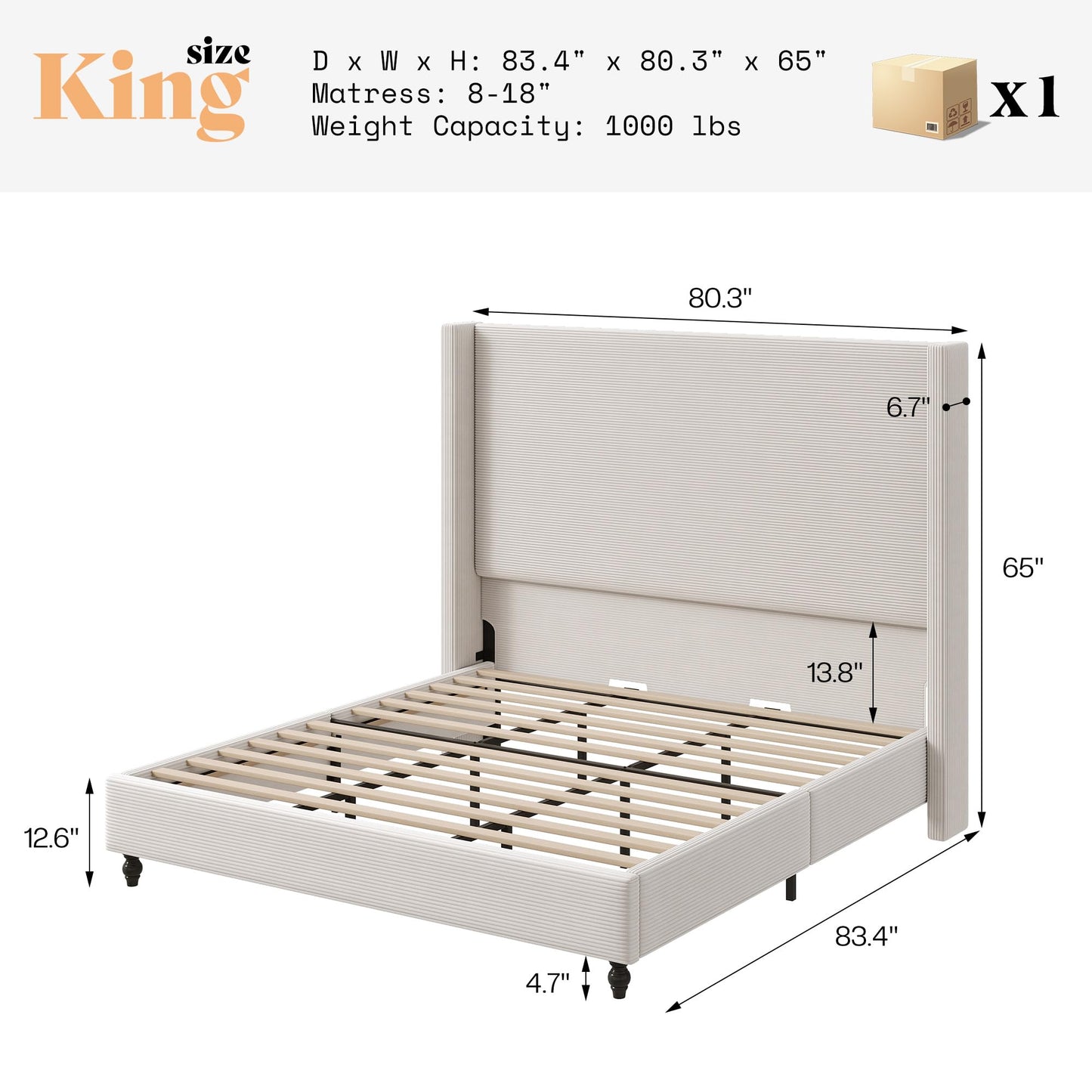 AMERLIFE King Size Bed Frame with 65" Tall Headboard, Upholstered Corduroy Bed Frame with Wingback, Platform Bed with Solid Wood Gourd Legs, Solid Slats, No Box Spring Needed, White