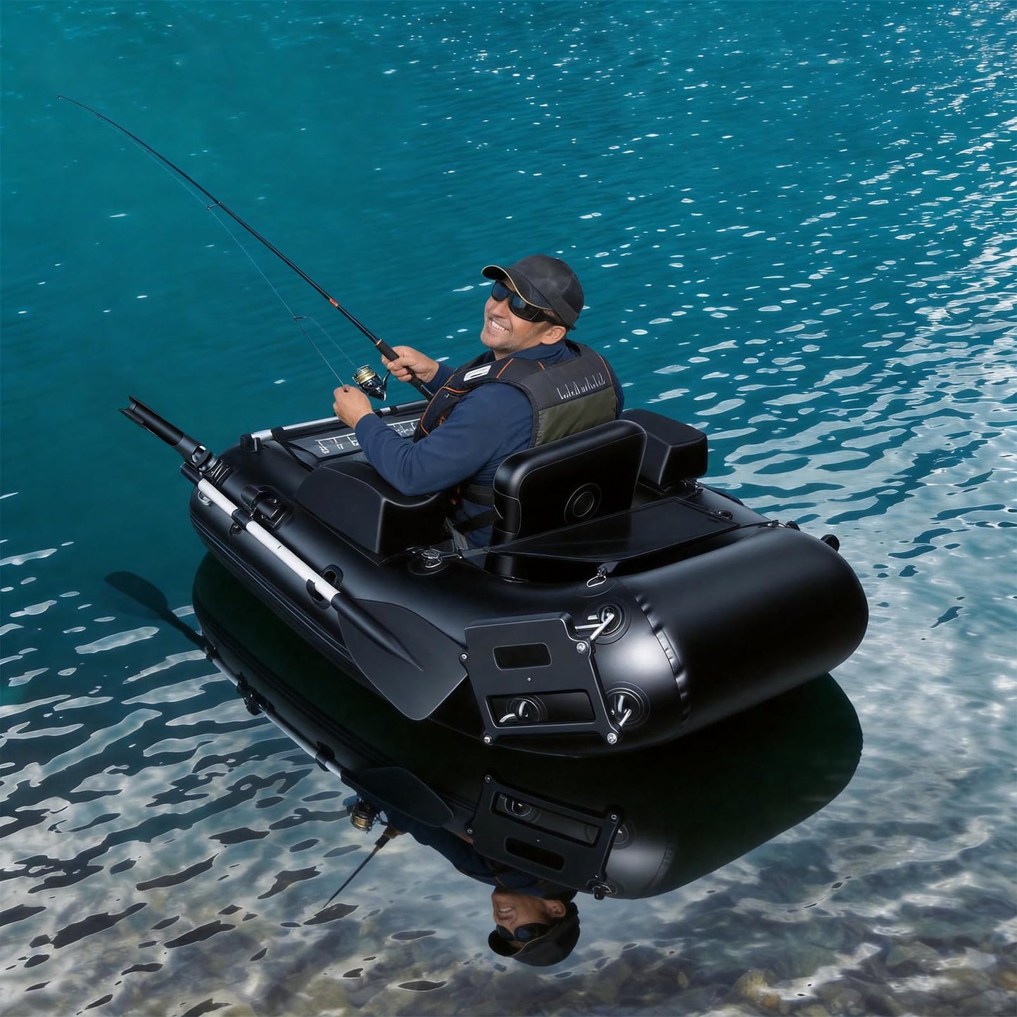 Xproutdoor Fishing Float Tube, Belly Boat Fishing with Pump, Fish Ruler, Adjustable Straps, Storage Pockets, 2 Oars, 2 Rod Holders, Motor Bracket Inflatable Float Tube for 330 LBS Load Capacity