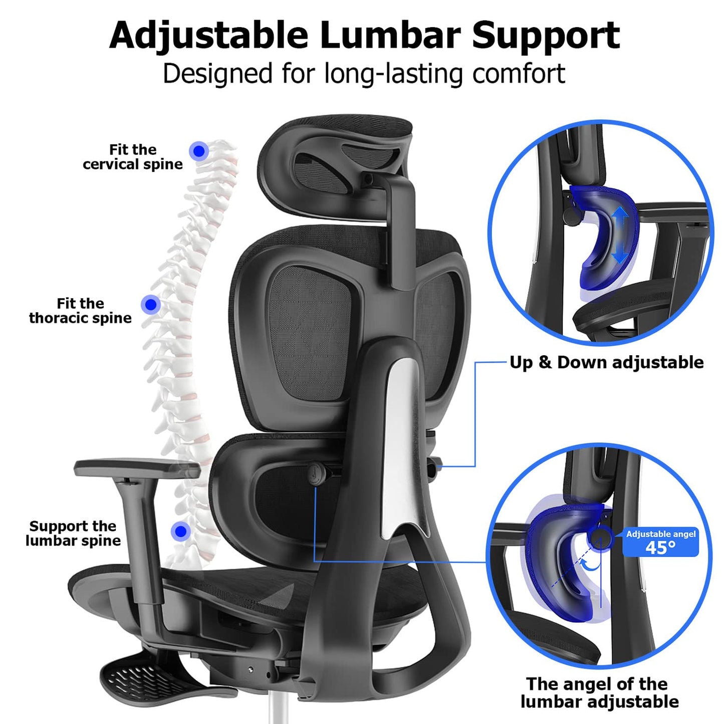 PatioMage Ergonomic Office Chair with Footrest, Big and Tall Desk Chair with Adjustable Lumbar Support, Seat Depth & 3D Armrests, High Back Mesh Computer Chair for Home Office, Black