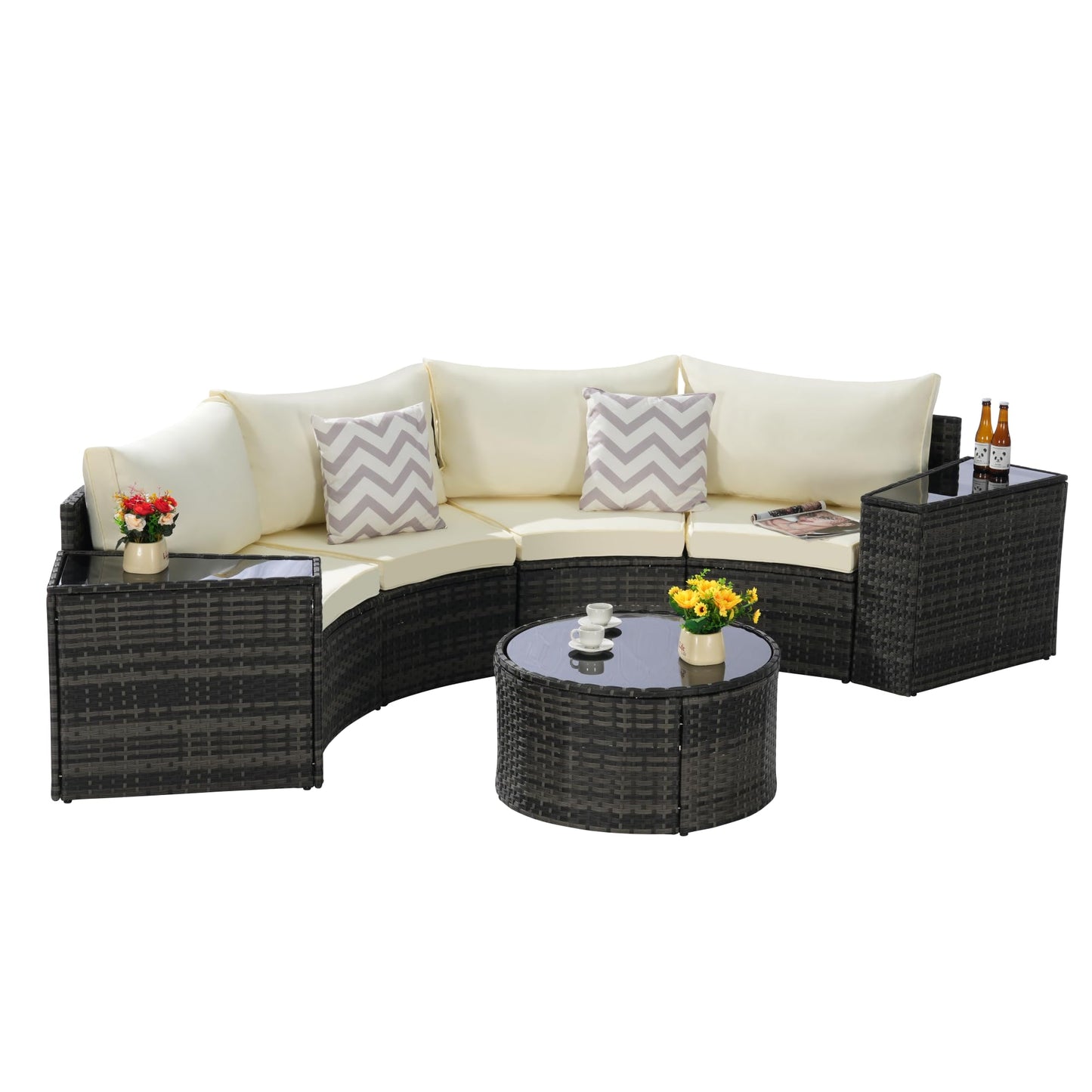 KEIKI Outdoor Patio Furniture 7-Piece Half-Moon Curved Sectional Sofa Set, All-Weather Wicker Patio Conversation Set with Round Coffee Table and 2 Storage Armrests for Poolside Backyard, Beige