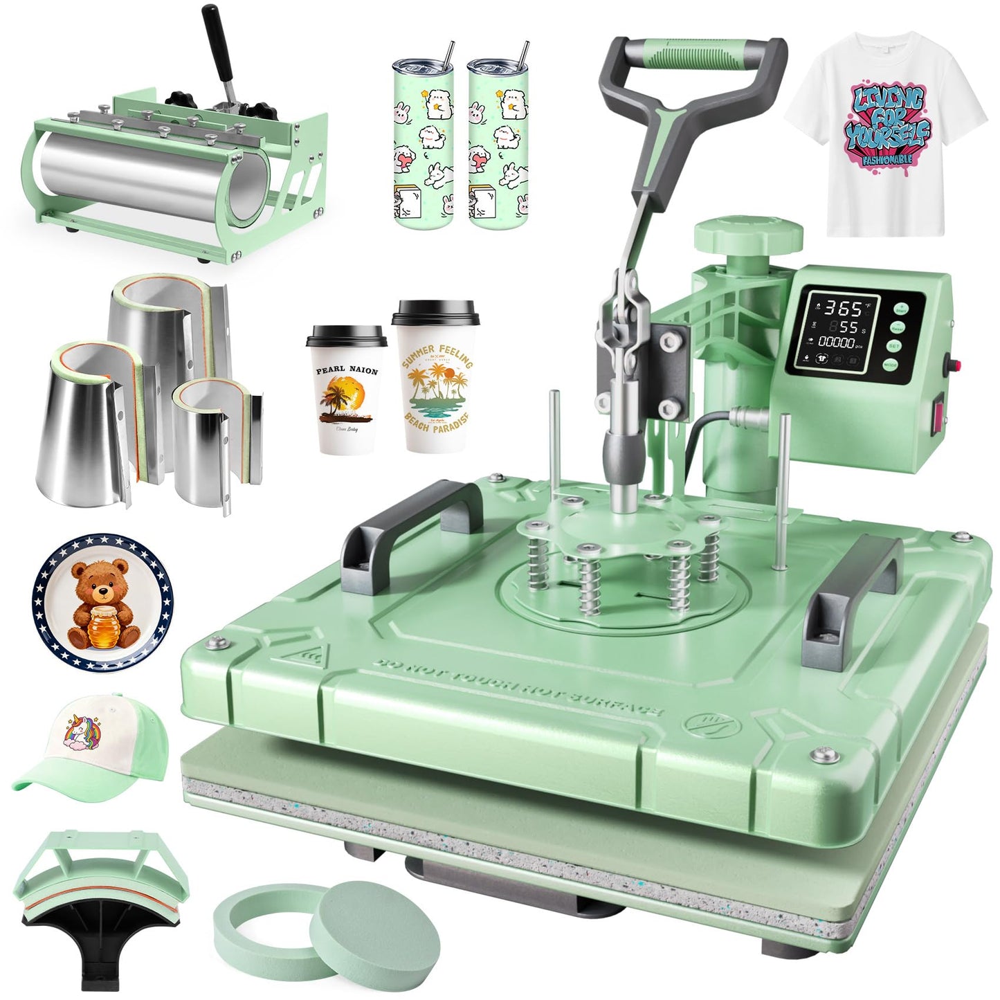 Seeutek 8 in 1 Heat Press Machine 15x15 Inch, Swing Away Digital Sublimation Heat Transfer Press with 20oz & 30oz Tumbler Attachments for T-Shirts, Mugs, Hats & Plates, Green