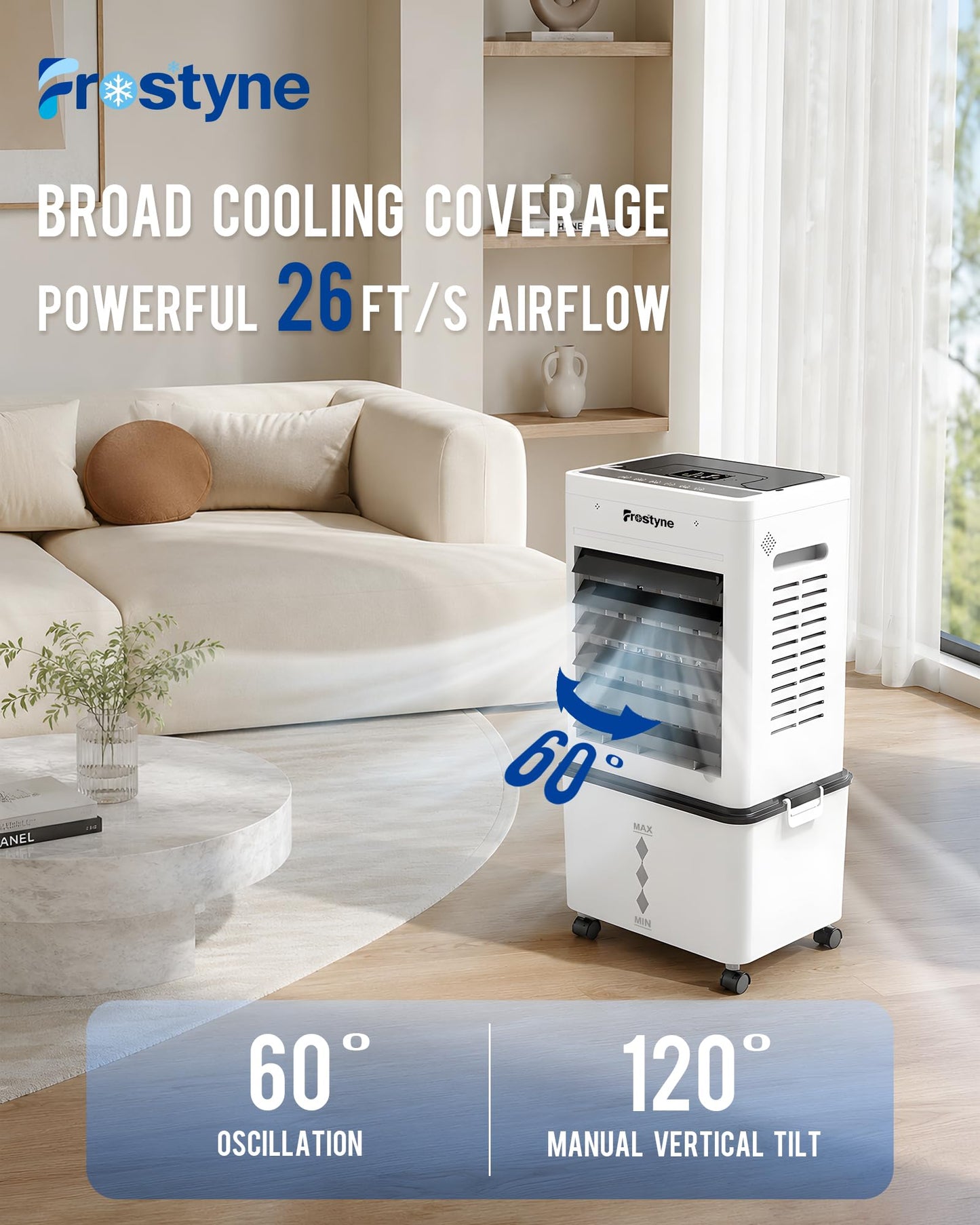 Frostyne Portable Evaporative Air Cooler w/Humidifier – 3Ga Water Tank, 10 Ice Packs, 6 Speeds & 4 Modes, Timer & Remote, Windowless Portable Fan for Bedroom, Home, Office,Black