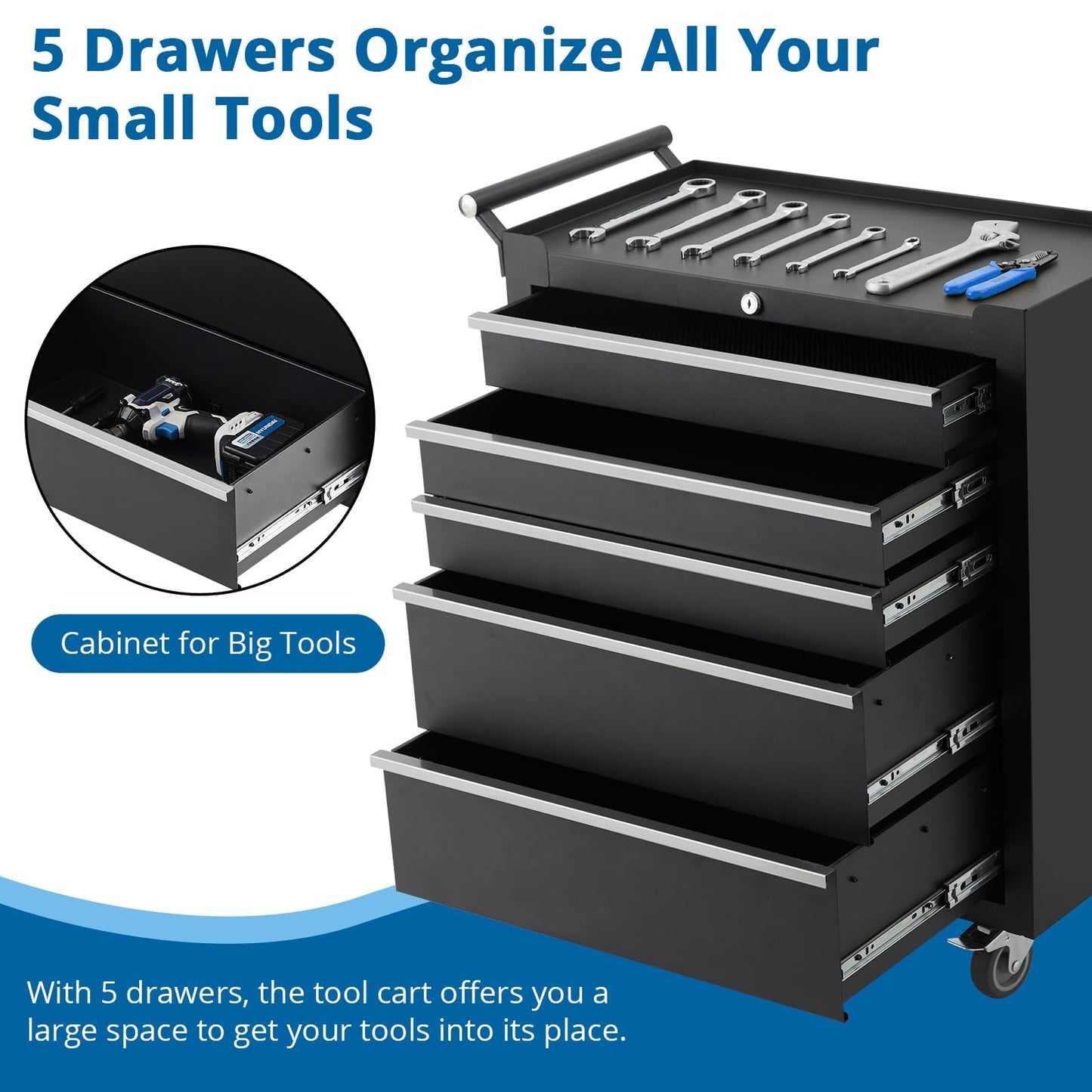 5-Drawer Rolling Tool Chest,Tool Cabinet on Wheels with Keyed Locking System and Drawer Liners,Tool Chest with Link Buckle and Can Be Combined to Large Cabinet Set,for Garage, Warehouse & Repair Shop