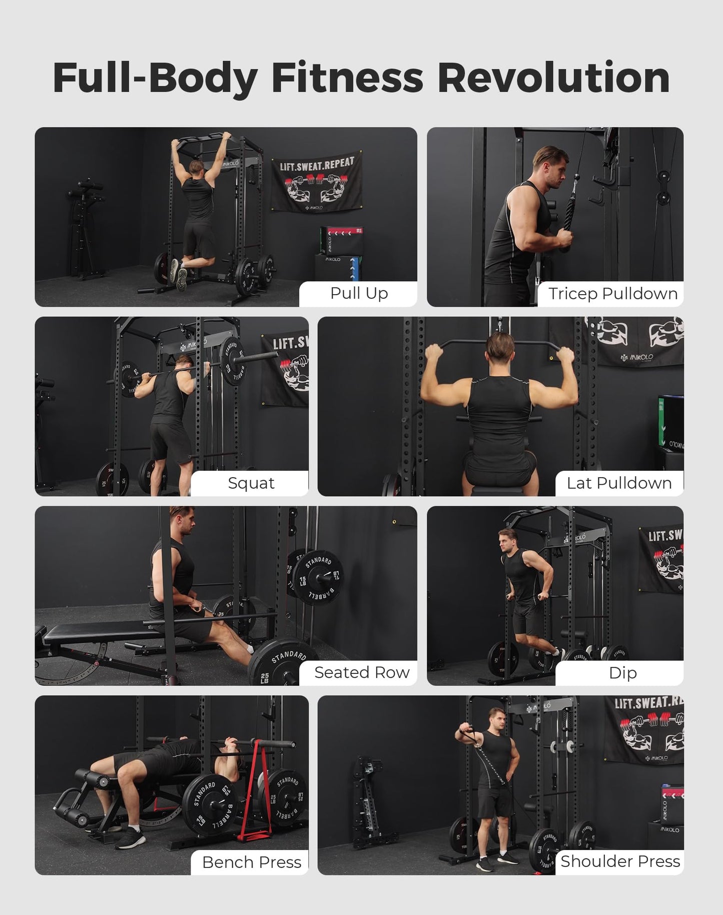 Mikolo F4 2.0 Power Cage with Dual-Track Smooth Pulley System, 1200LBS Power Rack with Leg Hold-Down for Heavy LAT Pulldowns, All-in-One Squat Rack with More Training Attachments for Home Gym (Black)