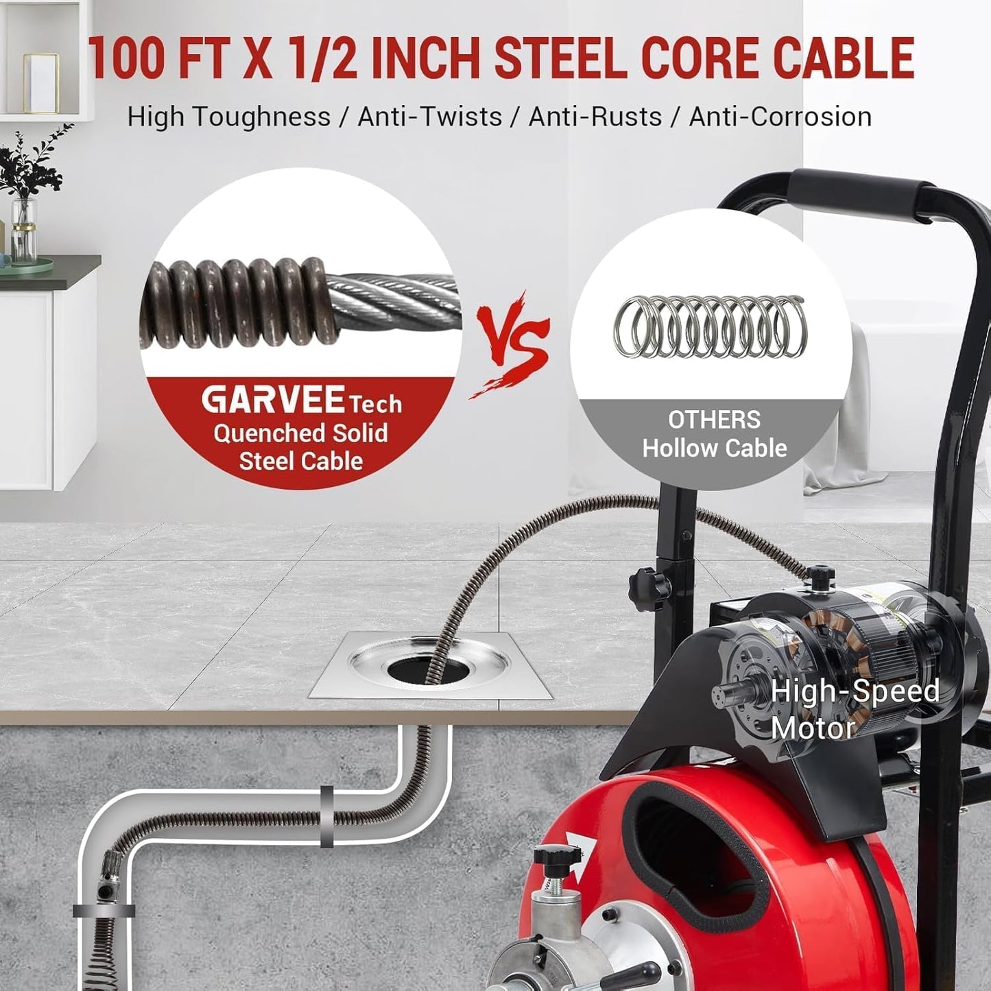 100 FT x 1/2 Drain Cleaner Machine with 370W Motor,Auto Feed Portable Sewer Snake Auger,8 Cutters,Air-activated Foot Switch for 1" to 4" Pipes