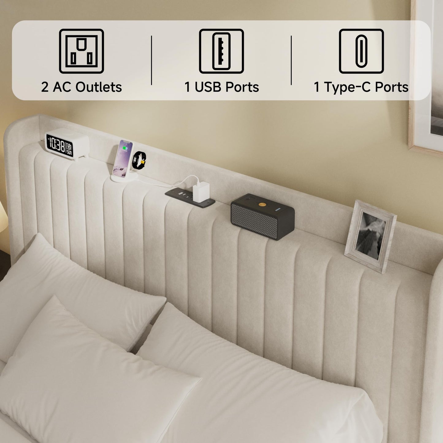 Mxhtcewz Full Velvet Bed Frame with Storage Headboard & Charging Station