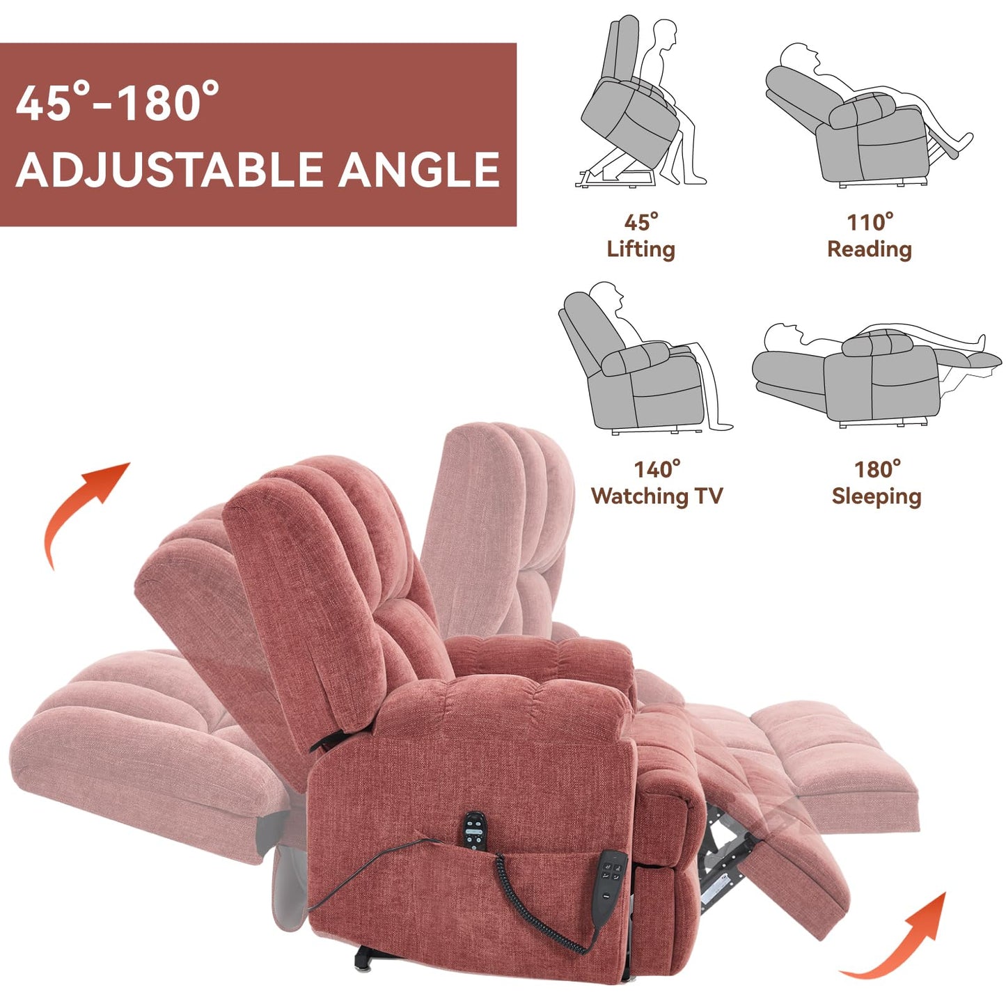 KEIKI Oversized Dual Motor Power Lift Recliner Chair for Elderly, Chenille Upholstery Breathable Rocking Chair with Back Massager and Heated, Home Theater Relaxation and Movie Nights, Red