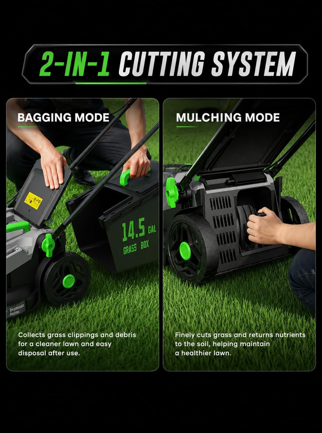 Grelawner 40V Cordless Lawn Mower, 16-Inch Brushless Electric Push Mower with 4.0Ah Battery & Charger, 2-in-1 Mulching and Bagging, 5-Position Height Adjustment, Lightweight Foldable Design, Green