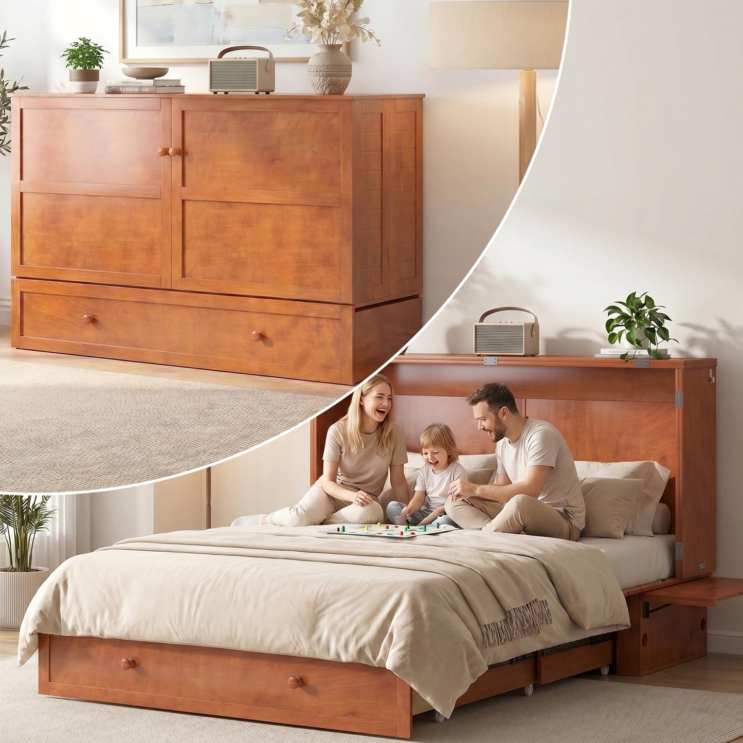 Mjkone Queen Murphy Bed Cabinet with Mattress Included, Cabinet Murphy Chest Bed with Drawer and USB Charging, Bedside Panel, Convertible Hidden Guest Wall Beds for Bedroom, Apartment - Cherry